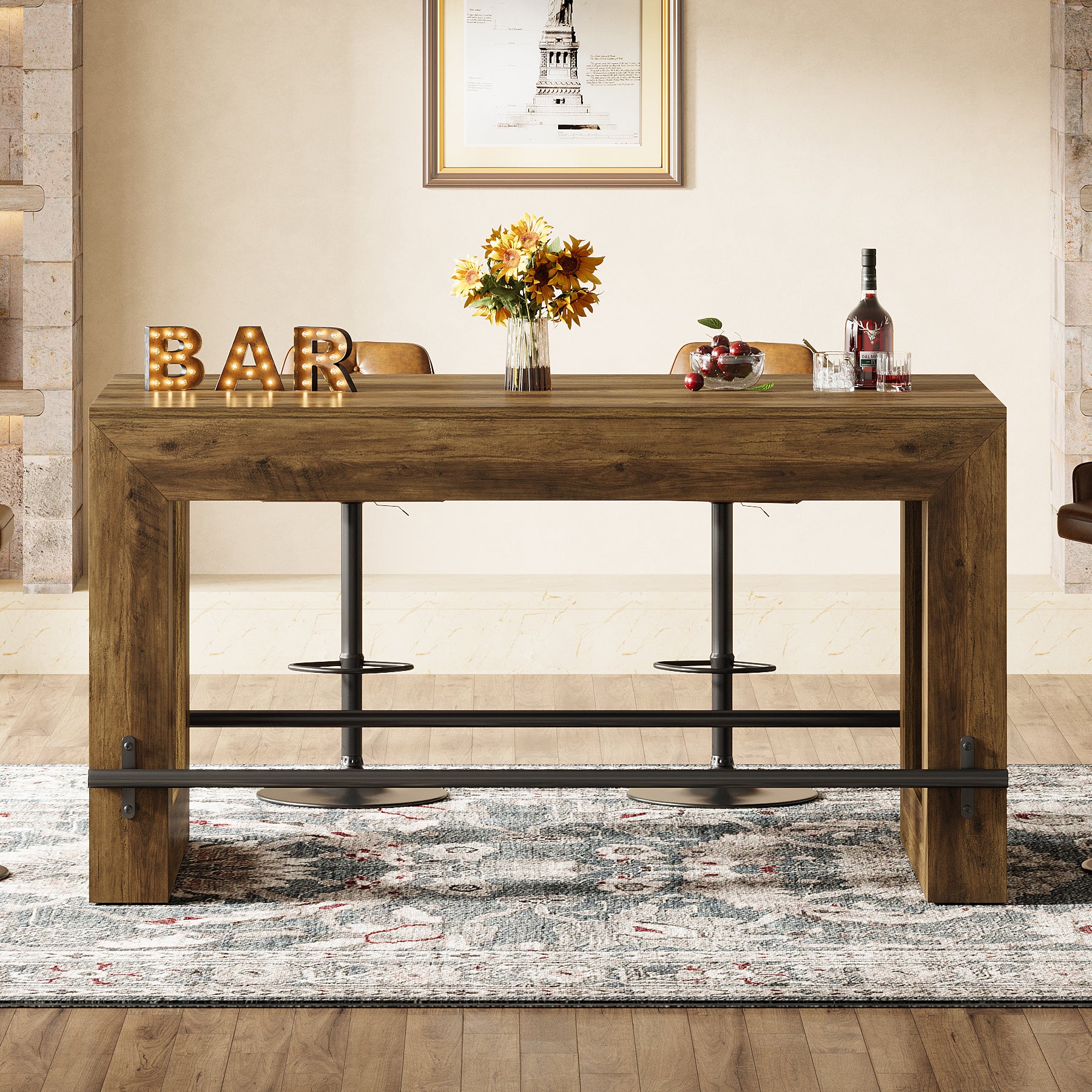 Counter Height Bar Table, 59" Pub Table With Metal Footrest For Dining Room