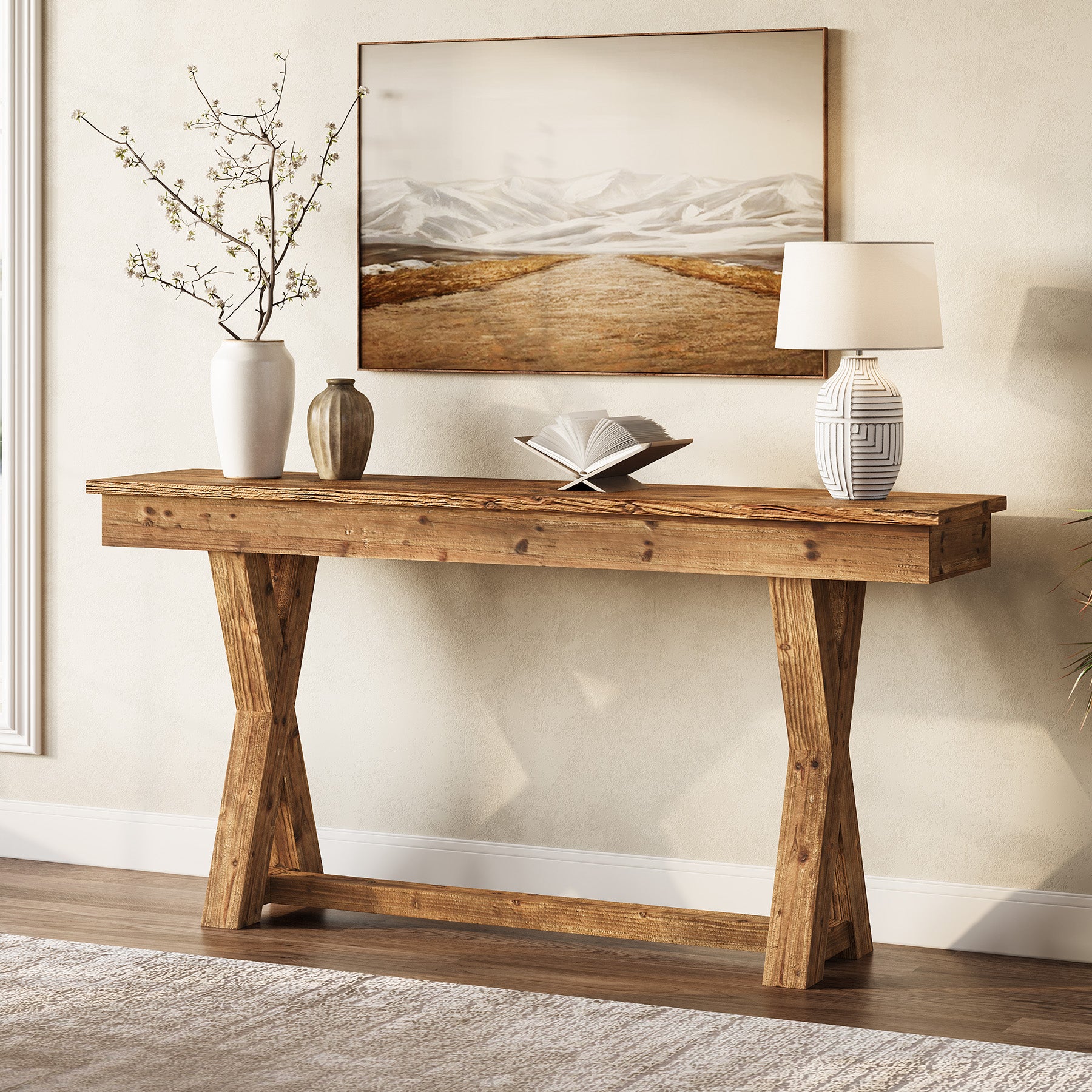 Solid Wood Console Table, 63" Sofa Entryway Table with X-Shaped Legs