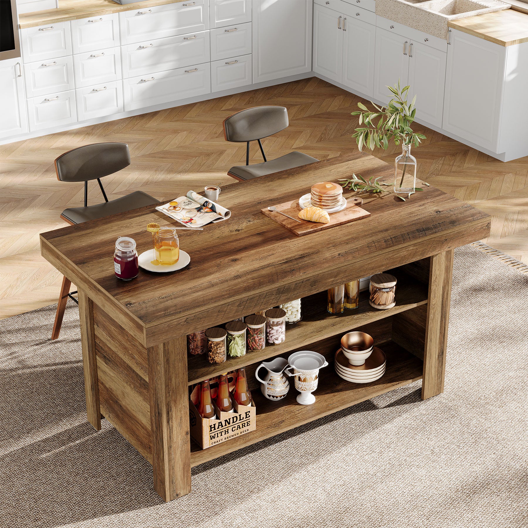 55" Kitchen Island, 3-Tier Island Table Counter Height Bar Table