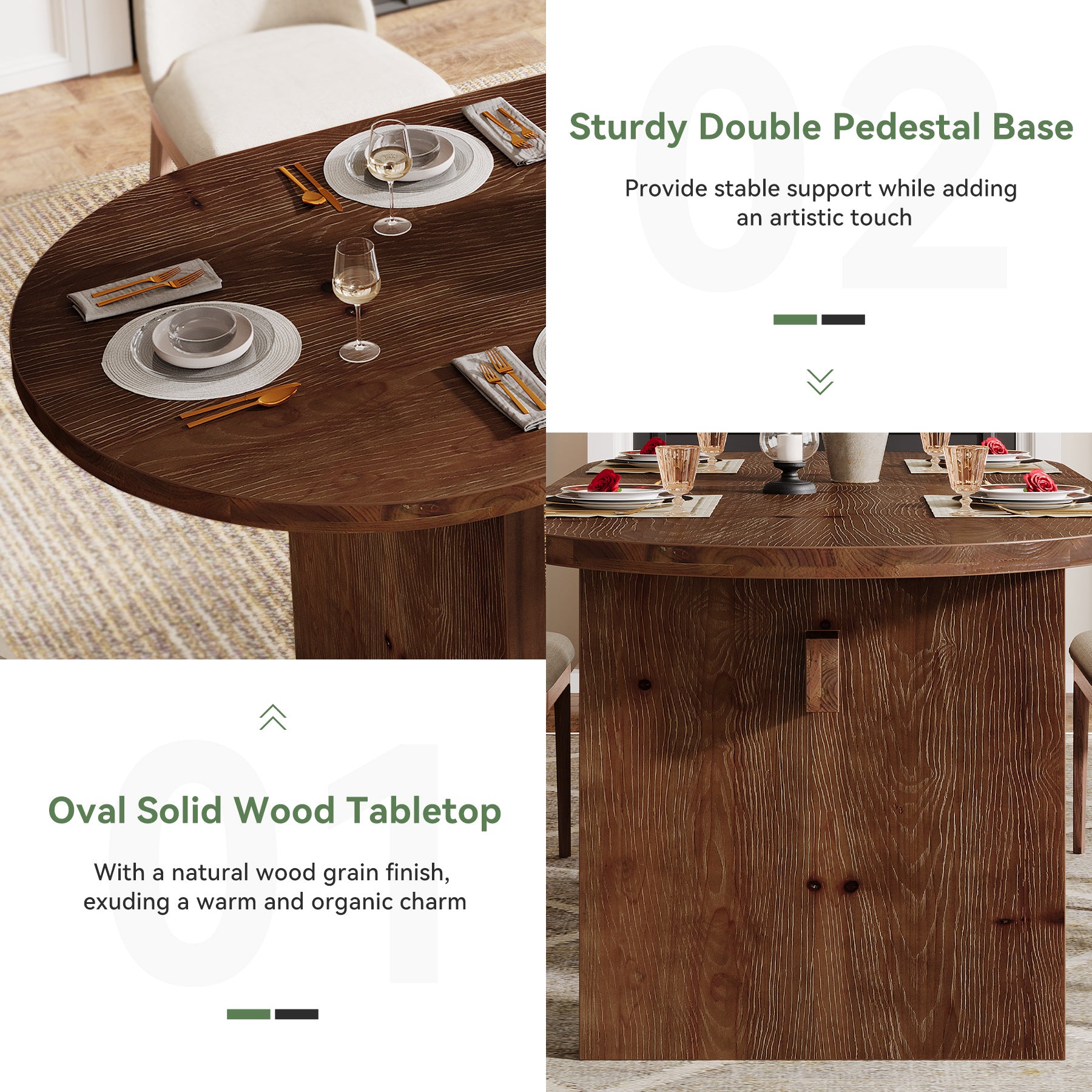 Solid Wood Dining Table, 63" Oval Kitchen Dinner Table for 4-6