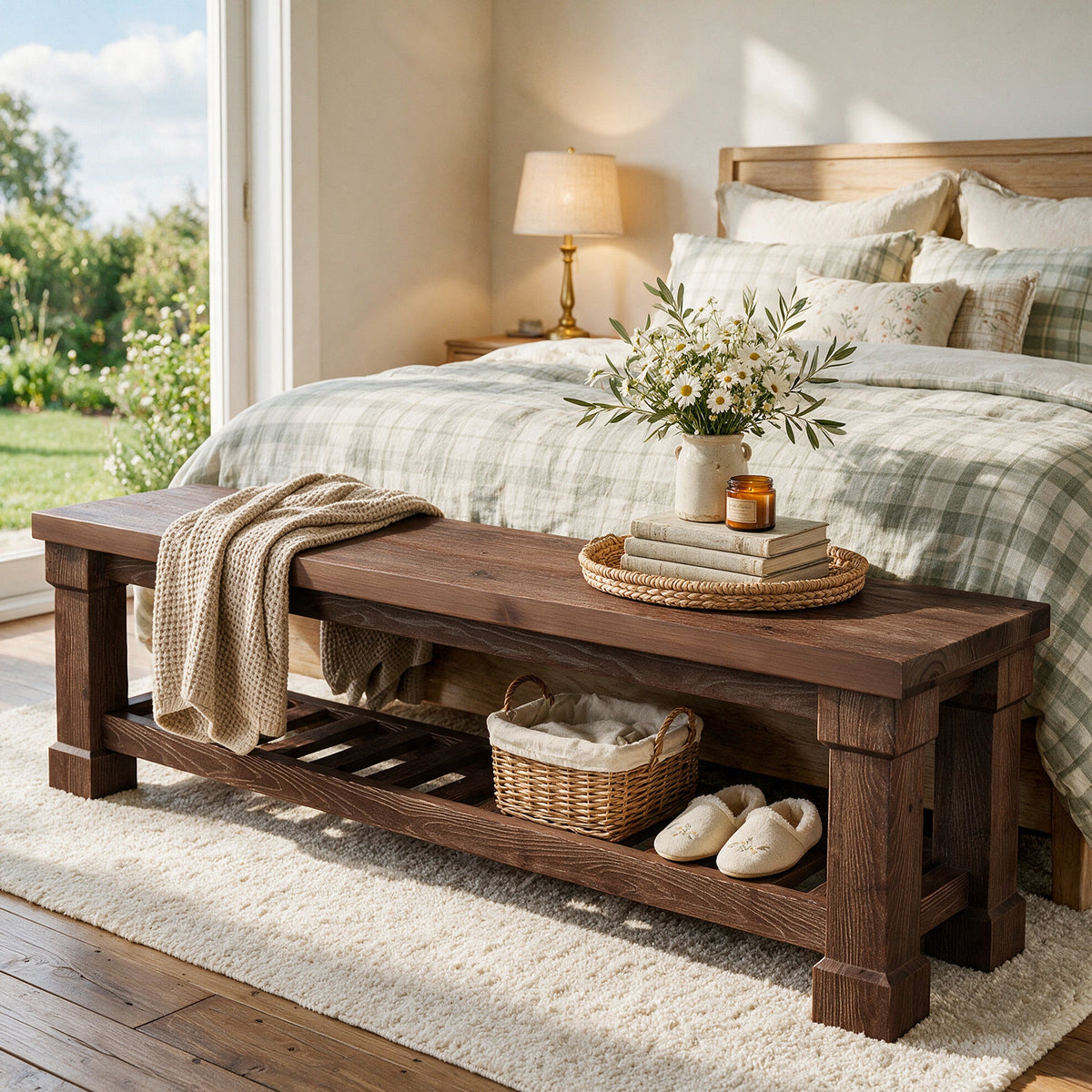 59" Solid Wood Entryway Bench with Shoe Storage, Farmhouse End of Bed Bench