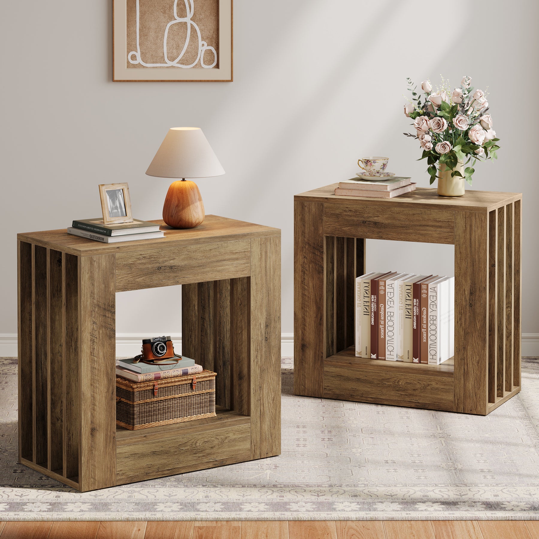 23.62" Farmhouse Narrow End Table, Rustic Square Nightstand with Storage Shelf