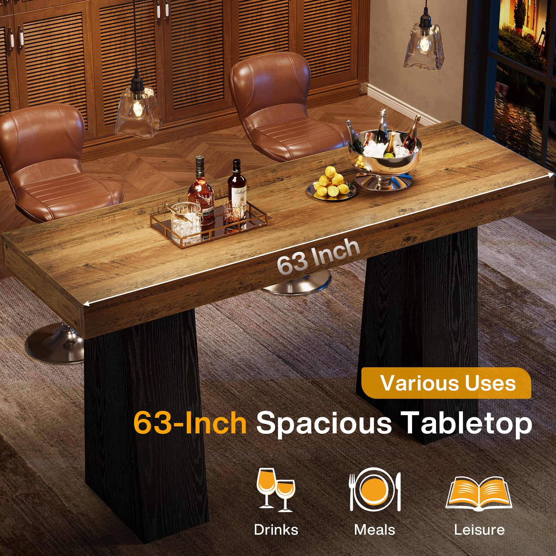 63" Bar Table, Rectangular Counter Height Pub Table with Thickened Tabletop