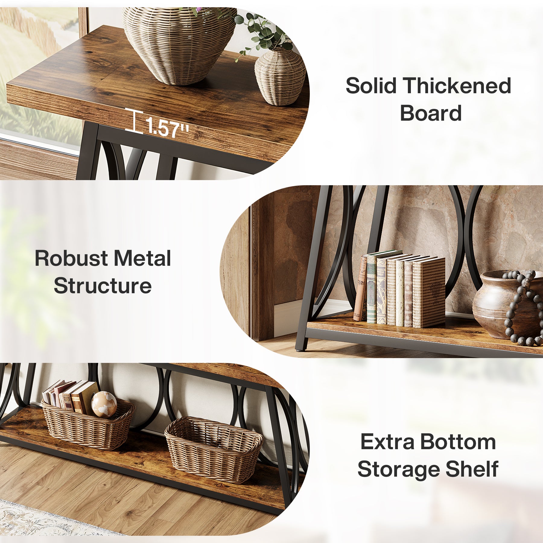 70.9" 2-Tier Industrial Console Table, Sofa Table with Shelves for Living Room or Entryway