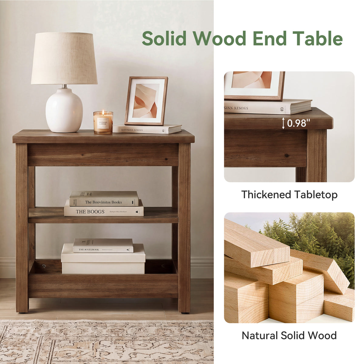 Tribesigns 23.62" Solid Wood End Table, 3-Tier Narrow Side Table for Living Room and Bedroom