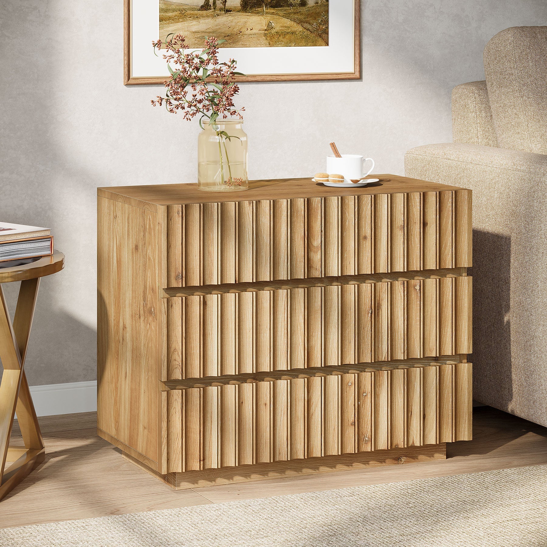 Oversized Solid Wood Nightstand, 31.5" Bedside Table with 3 Drawers