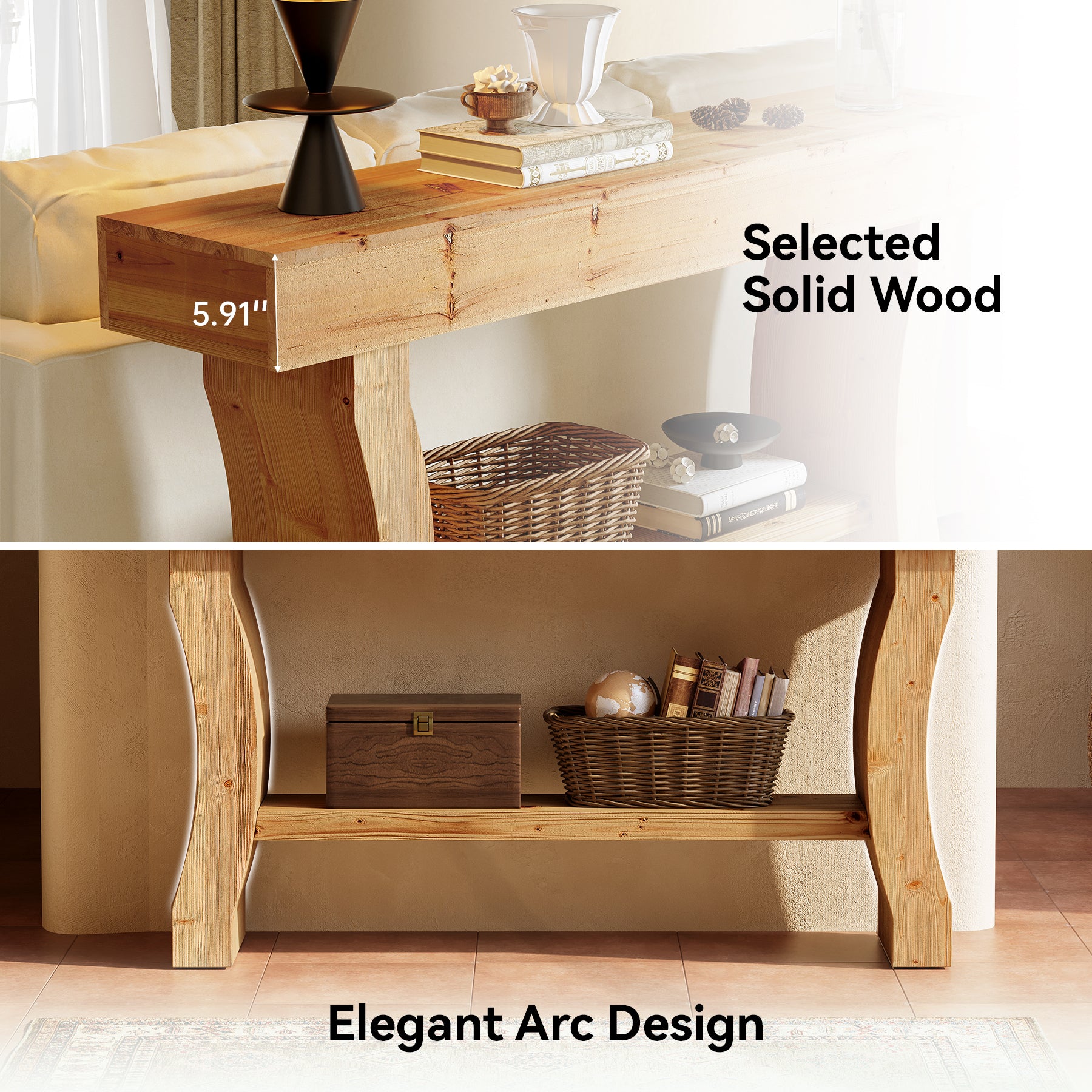 Solid Wood Console Table, 59" Sofa Table with Stable Curved Legs