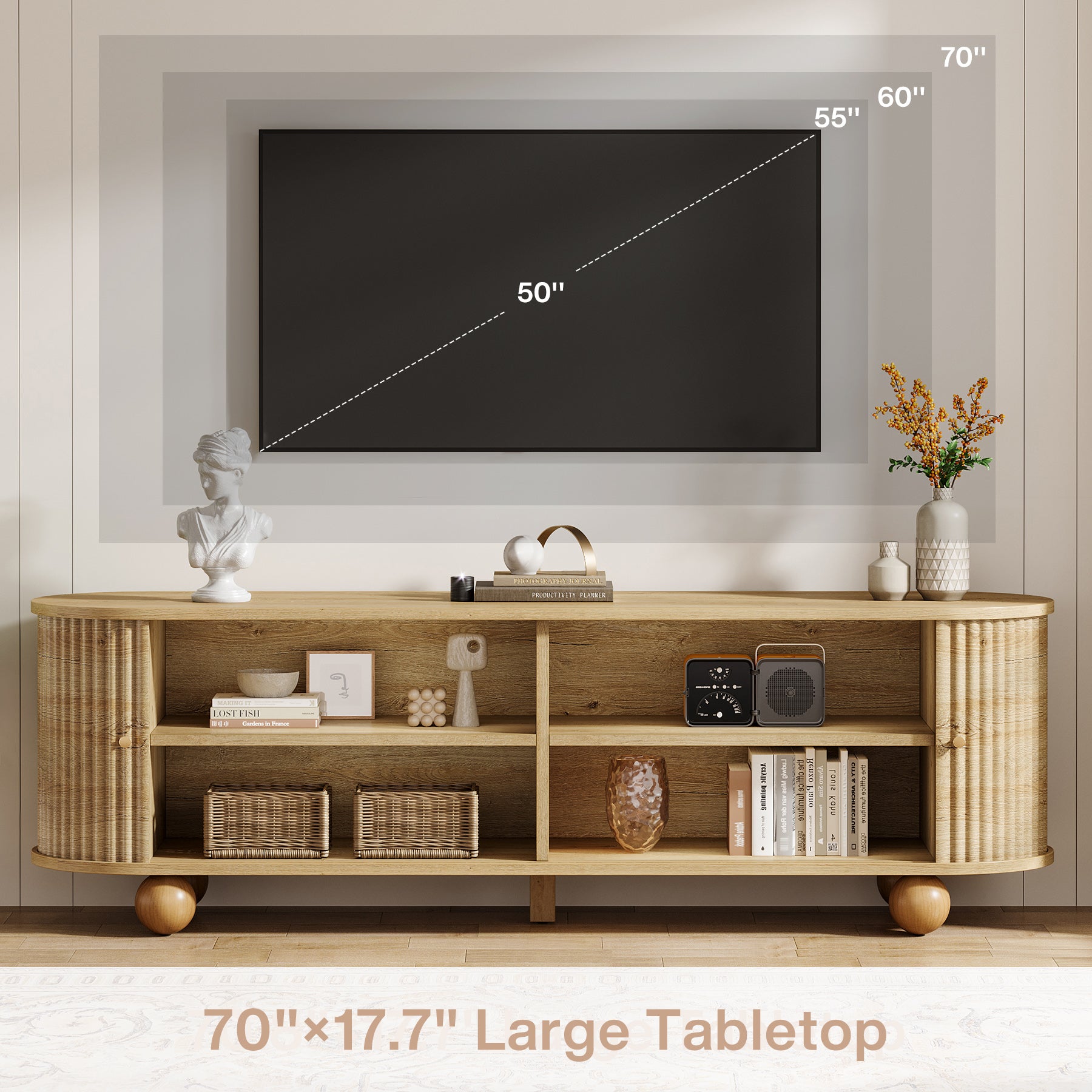 70" TV Stand, Farmhouse Media Console with Shelves and Sliding Doors