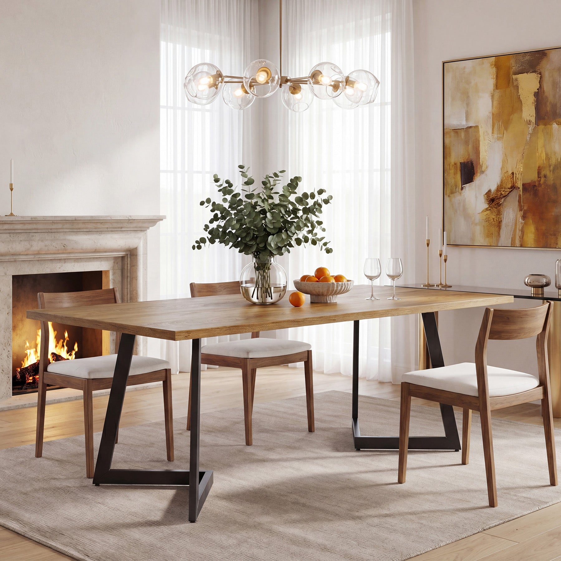 62" Rectangular Dining Table for 6, Modern Farmhouse Kitchen Table with Metal Legs for Dining Room