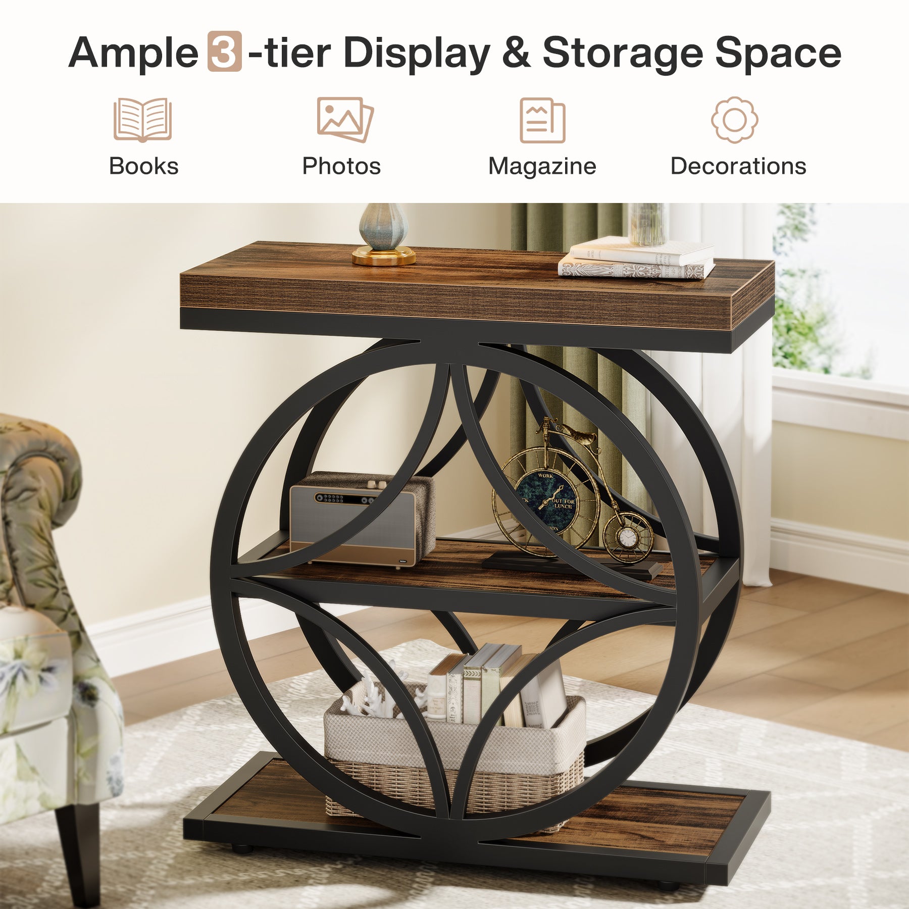 Industrial End Table, Narrow Bedside Table with 3 - Tier Storage Tribesigns