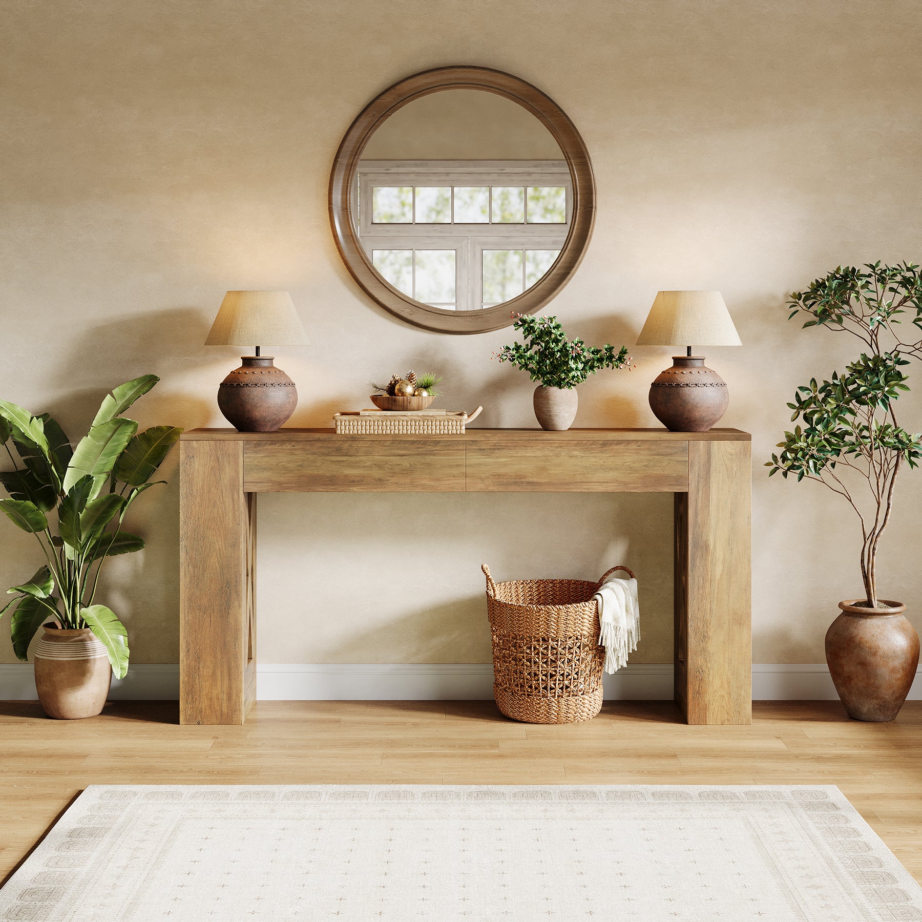 63" Console Table, Narrow Sofa Table with 2 Drawers and X-Shaped Legs