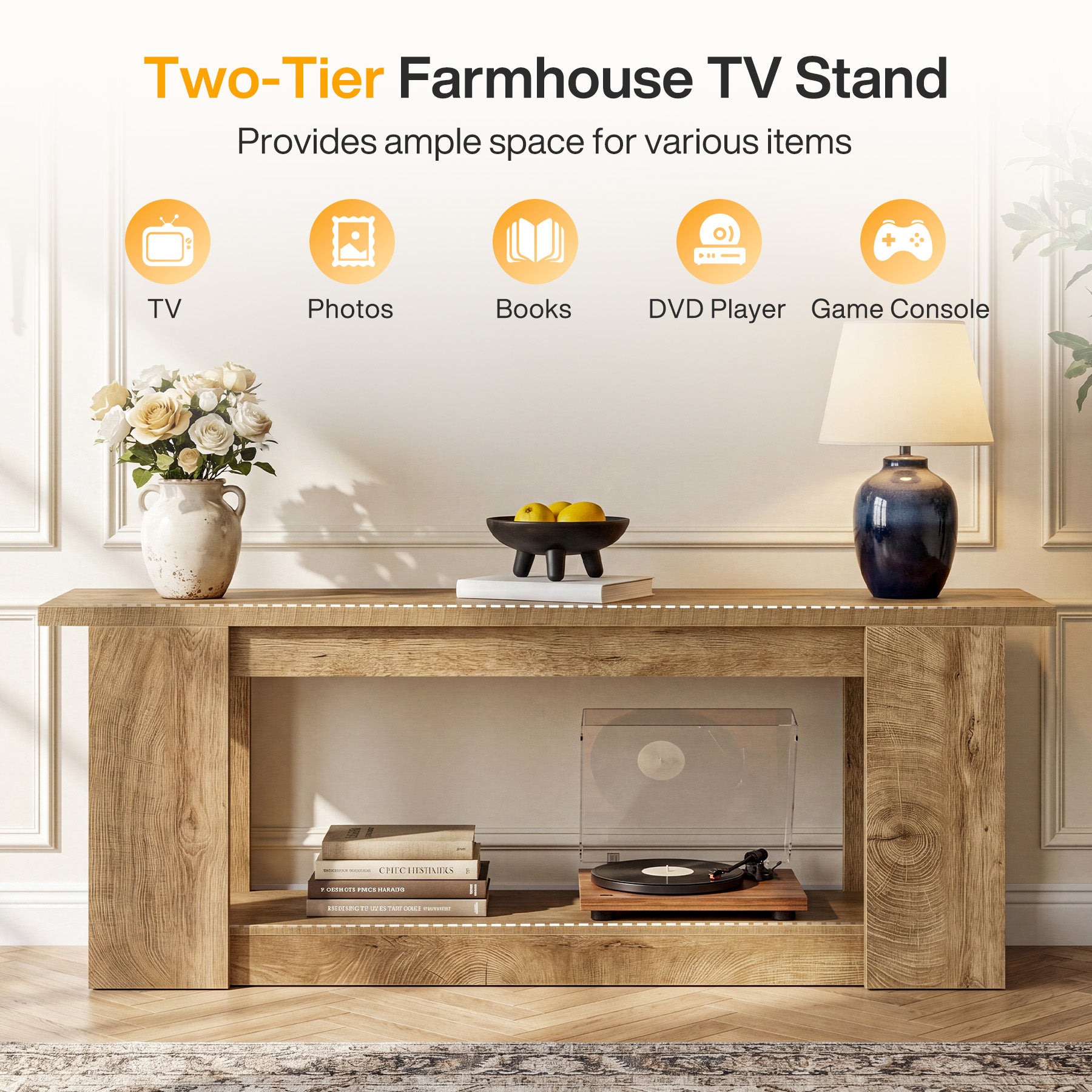 63-Inch Farmhouse TV Stand for TVs up to 70 Inches, Rustic Media Console with 2-Tier Open Storage