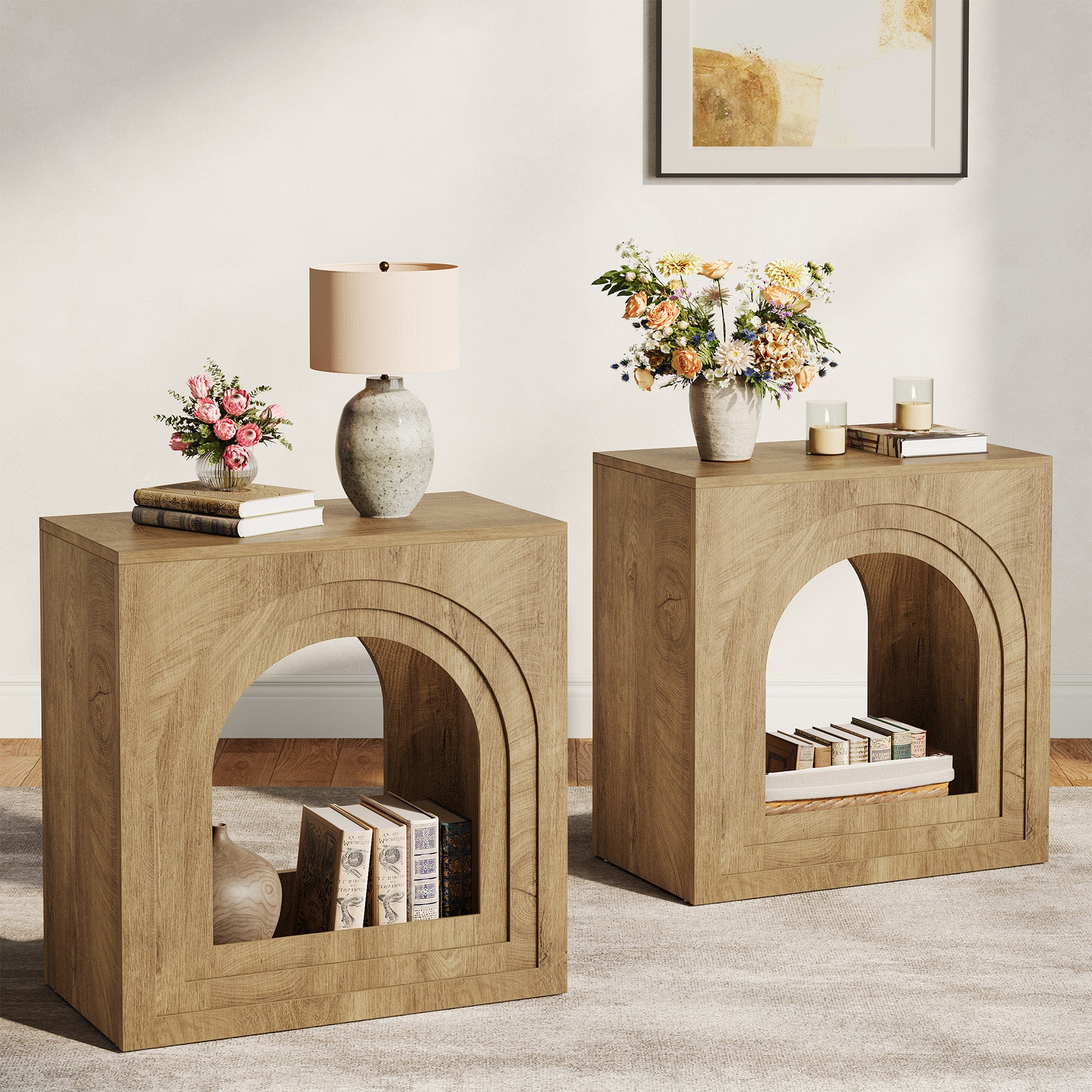 Tribesigns 2-Tier Square End Table, Farmhouse Side Table with Arched Shelf