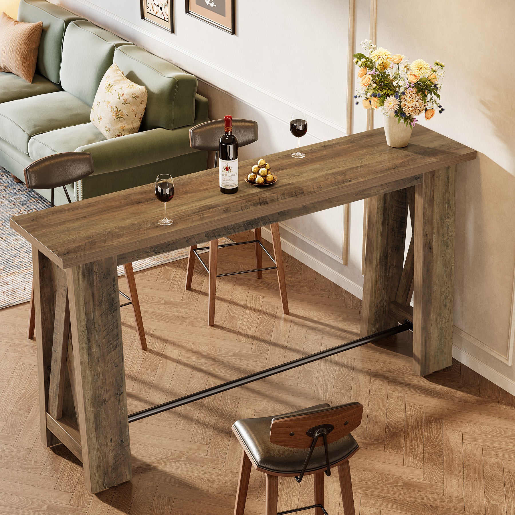 63" Bar Table, Rectangular Counter Height Pub Table with X-Frame Legs