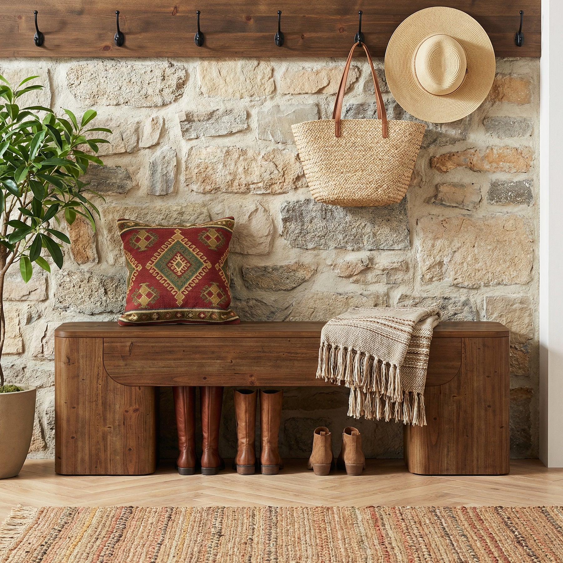 59" Solid Wood Bench, Rustic Heavy Duty Entryway Bench with Sturdy Legs