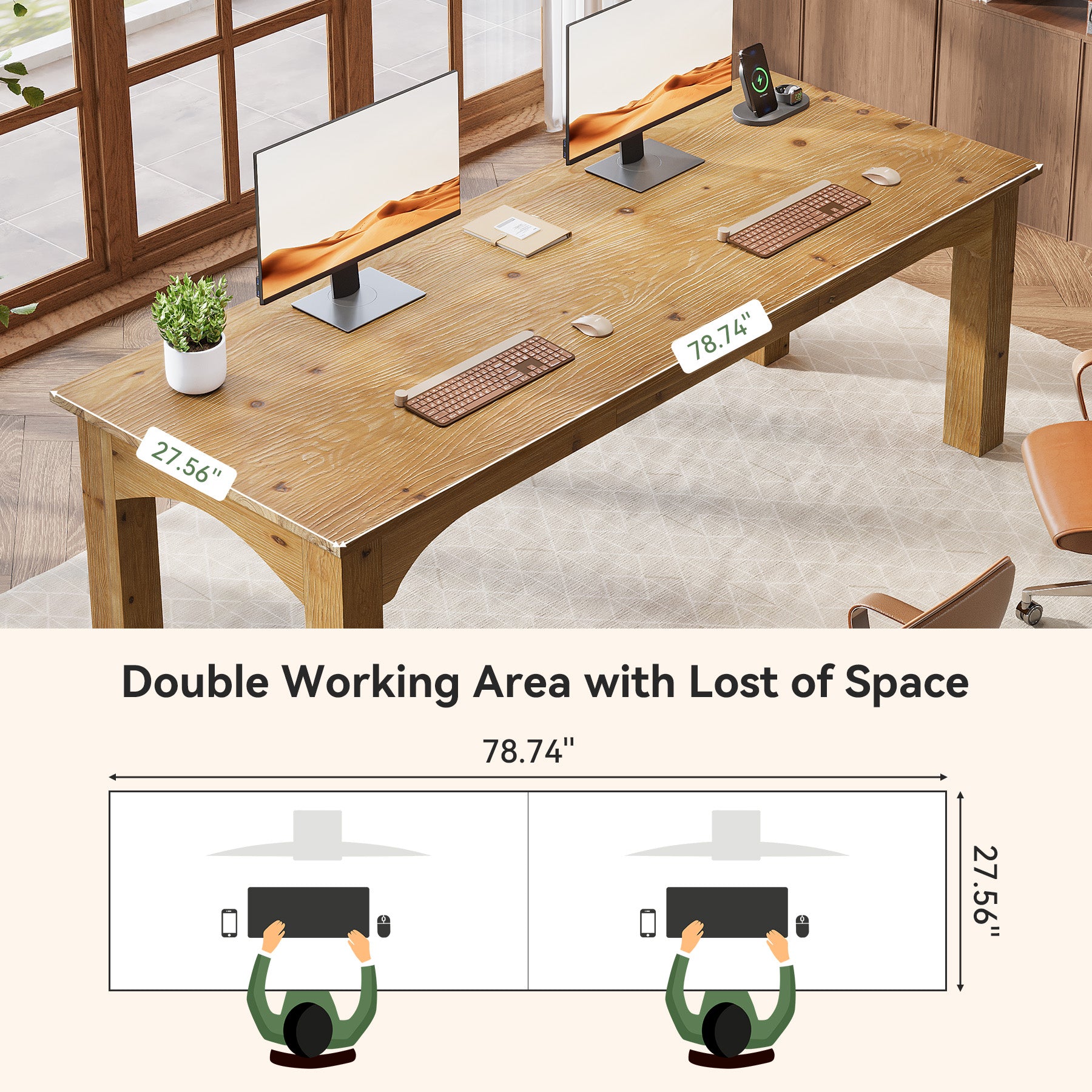 Solid Wood 2-Person Desk, 79" Long Computer Desk Double Writing Table