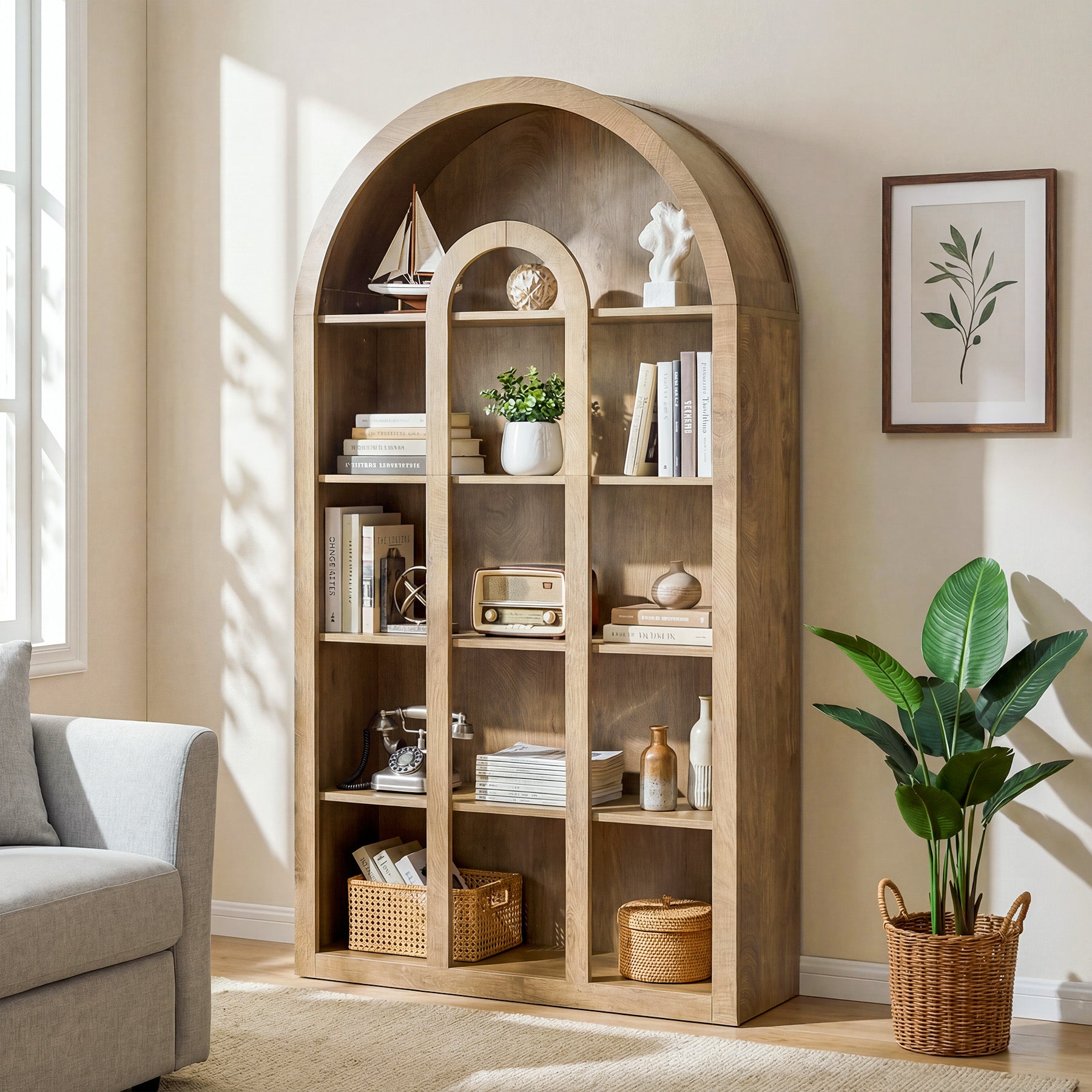 70.87" Tall Bookshelf, 5-Tier Arched Bookcase with Open Shelves for Living Room