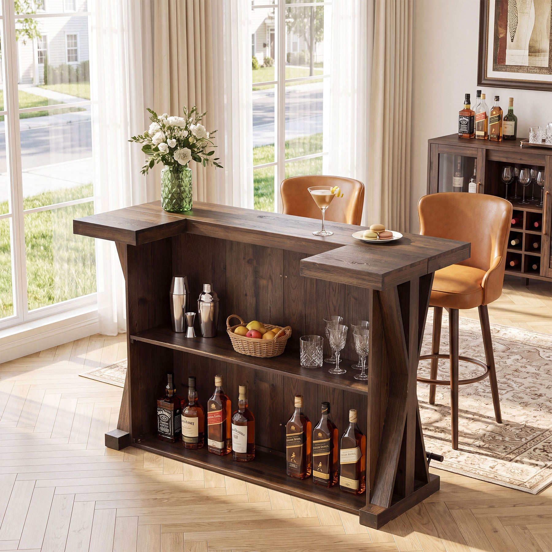59" Home Bar Unit with Storage Shelves & Foot Rail, Farmhouse Solid Wood 3-Tier Bar Cabinet