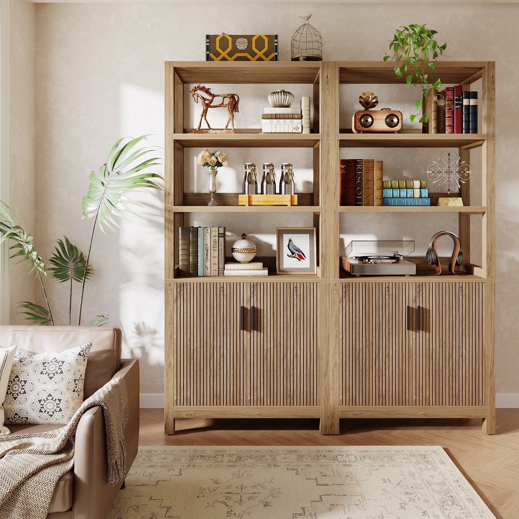 70.9" Bookcase, Wooden Bookshelf with 3-Tier Open Shelf and Door Cabinet