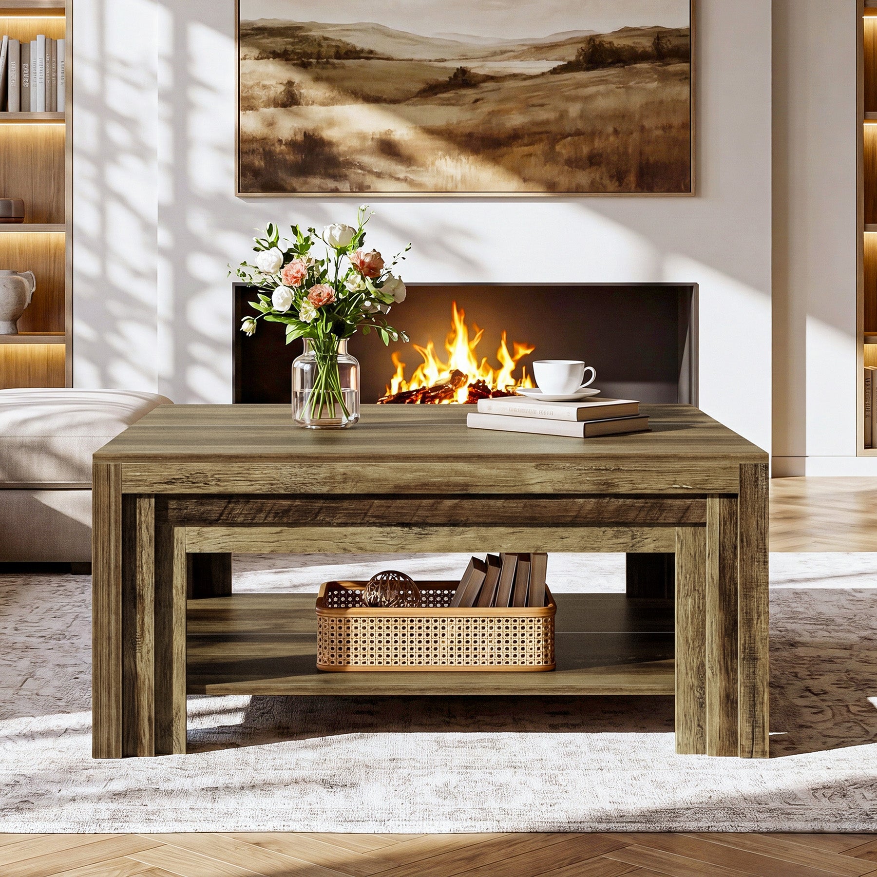 Farmhouse Square Coffee Table with Shelf