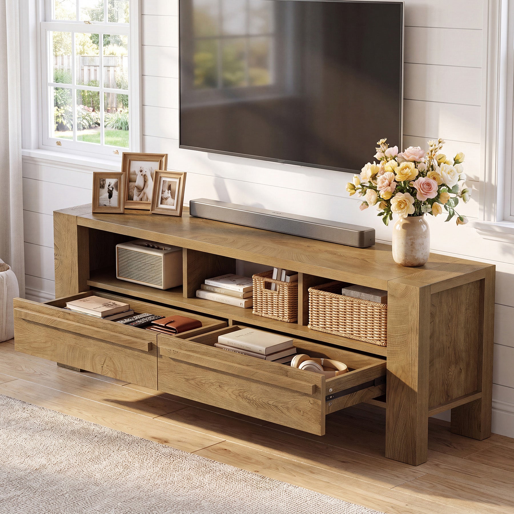 63" TV Stand for 75" TVs, Entertainment Media Console with 2 Drawers and Open Shelves for Living Room