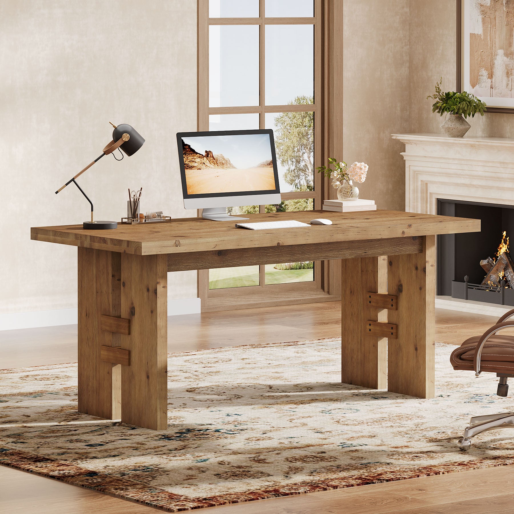 63" Solid Wood Executive Desk, Farmhouse Office Computer Desk with Large Work Surface