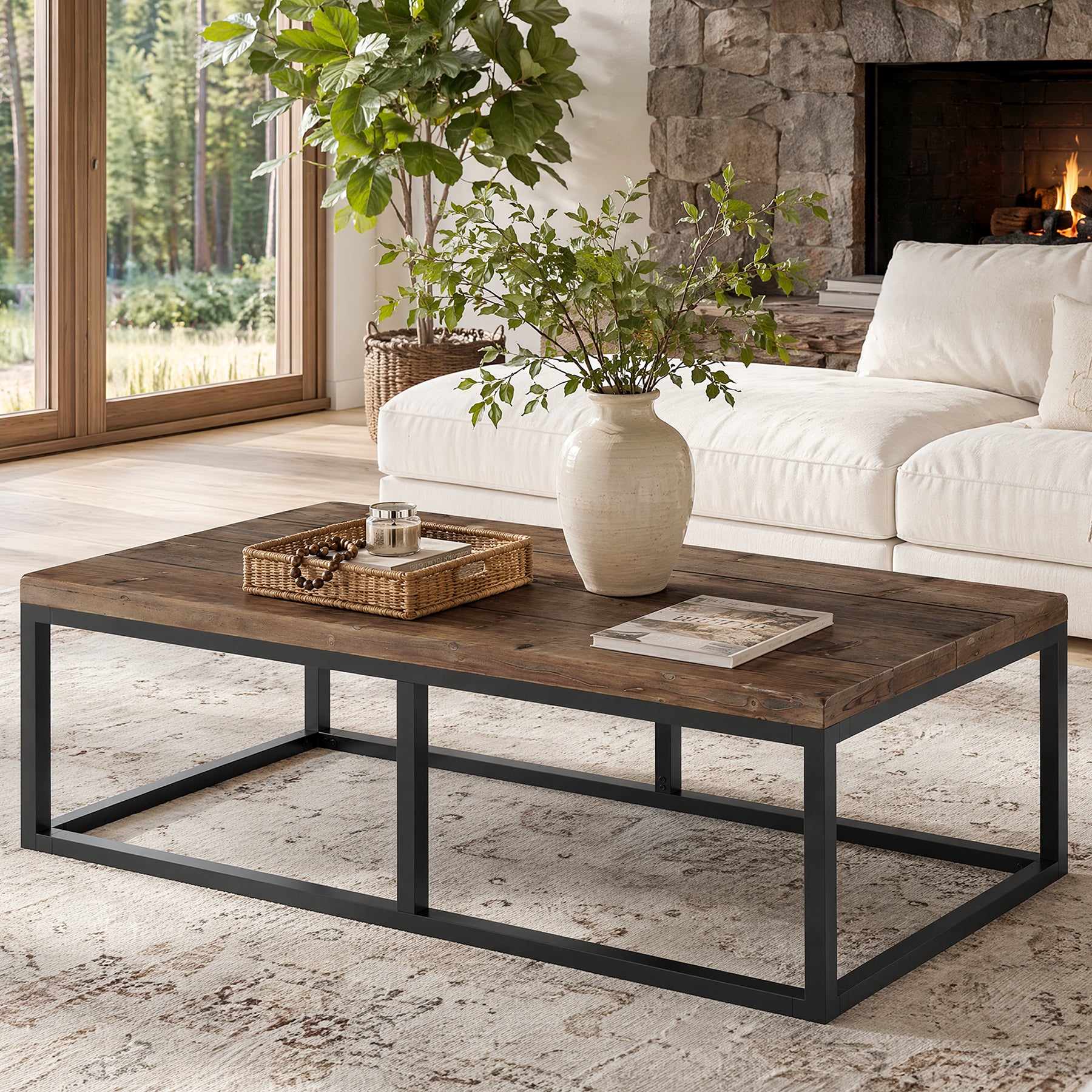 55" Solid Wood Coffee Table, Rectangular Center Table with Steel Frame for Living Room
