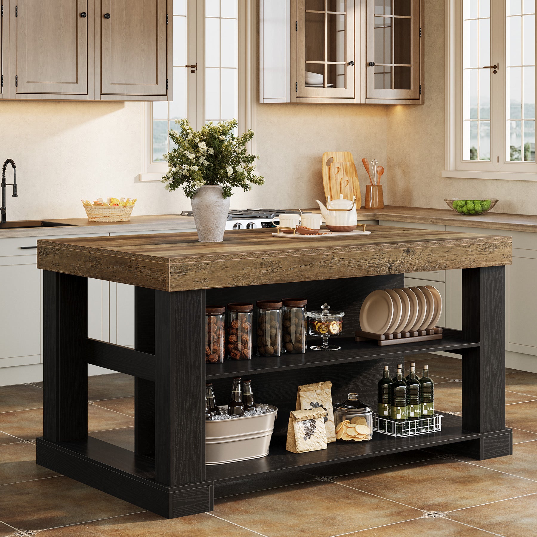 55" Counter Height Bar Table with Storage Shelves, Rectangular Kitchen Table for 6