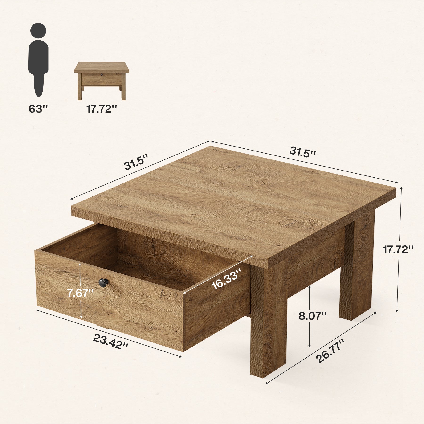 31.5" Coffee Table, Square Center Tea Table with Storage Drawer