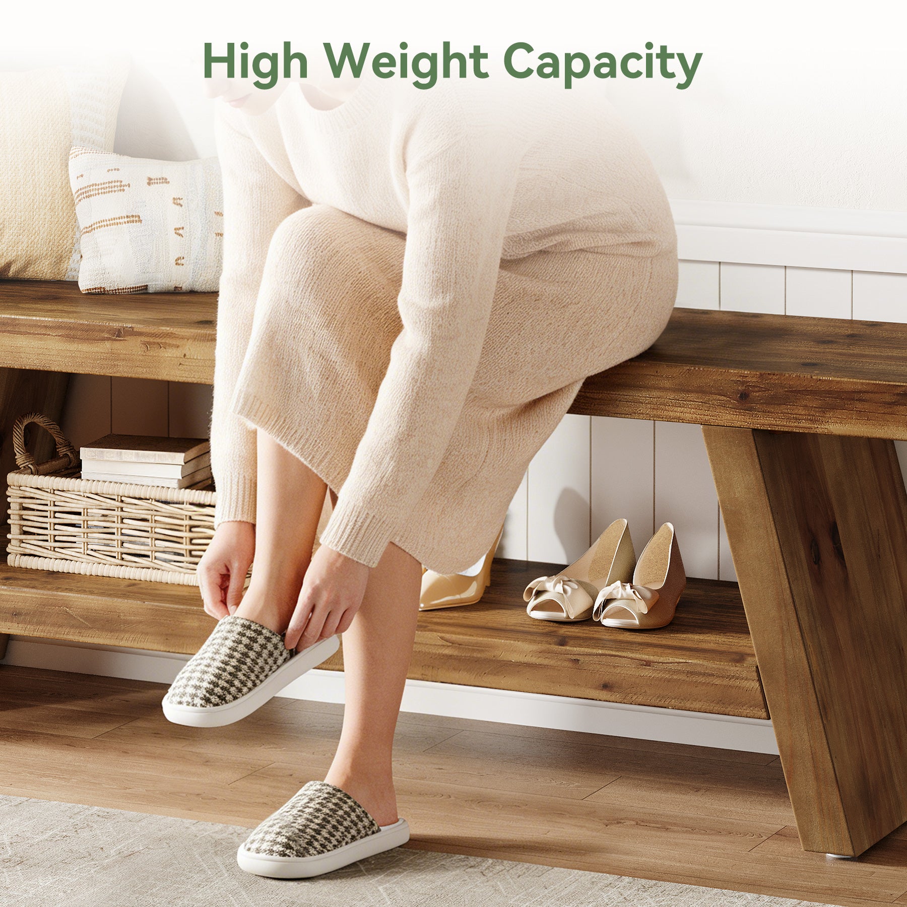 2-Tier Entryway Bench, Solid Wood Shoe Bench with Open Shelves