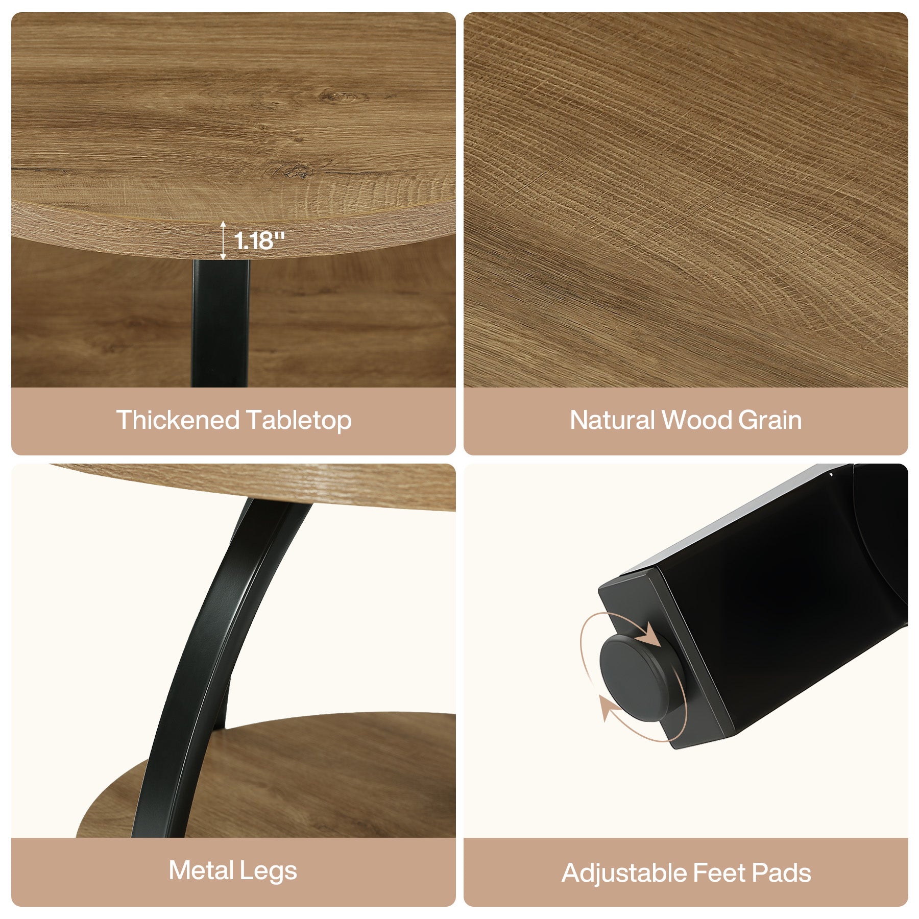 Round Coffee Table, 31.5" Center Cocktail Table with 2-Tier Storage Shelves