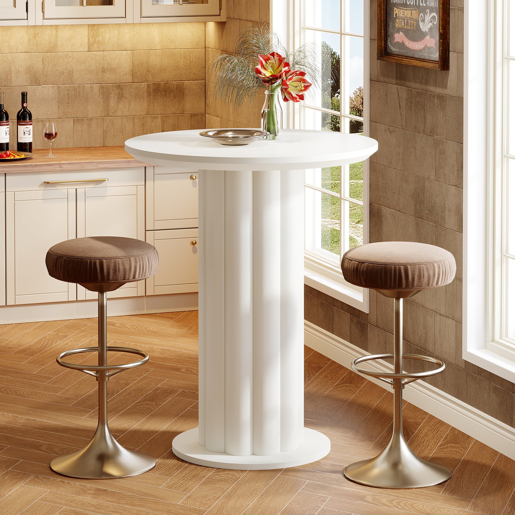 Round Bar Table, 30" Pub Table with Column Fluted Ribbed Leg Base