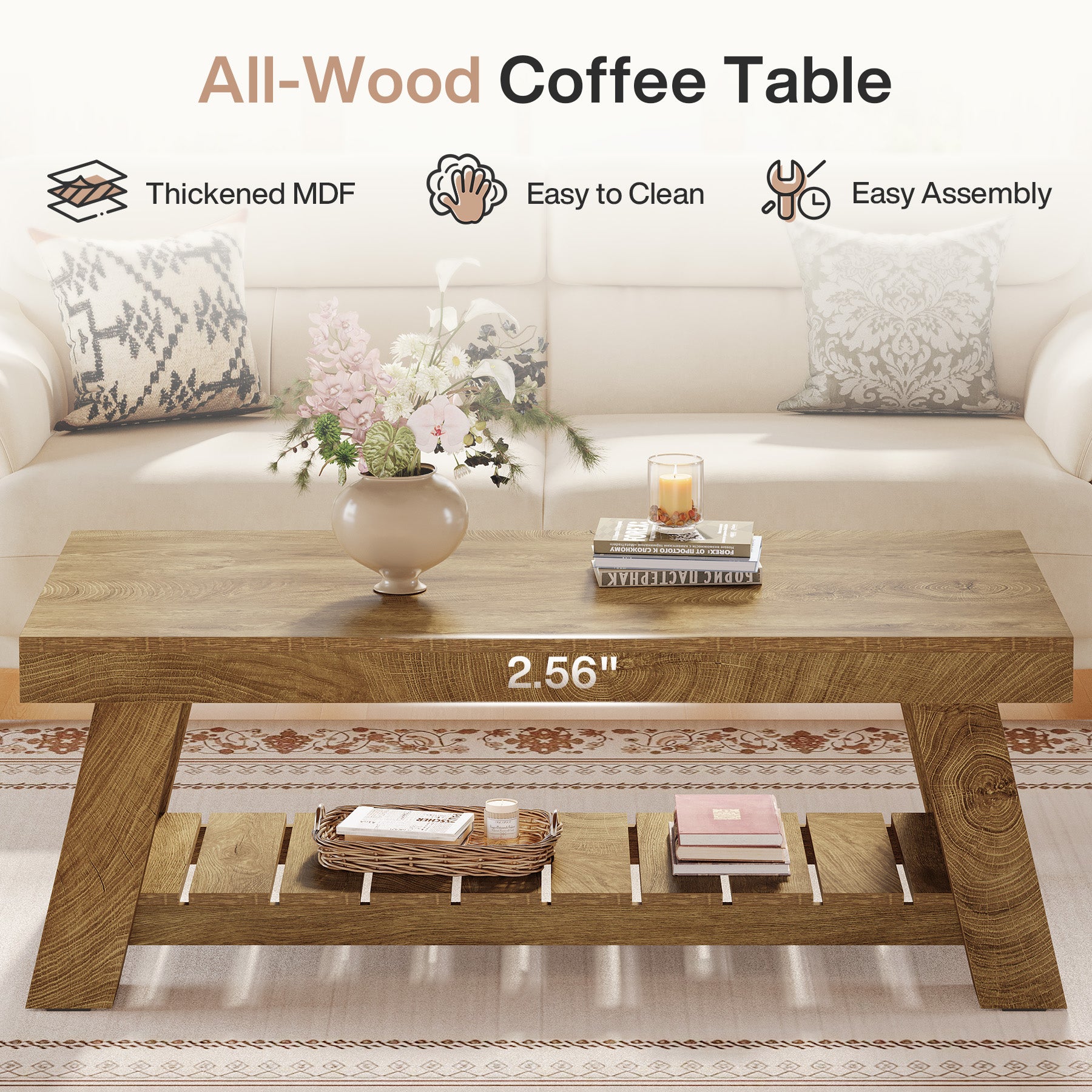 Rectangular Coffee Table, 47.24" Farmhouse Center Table with 2-Tier Storage