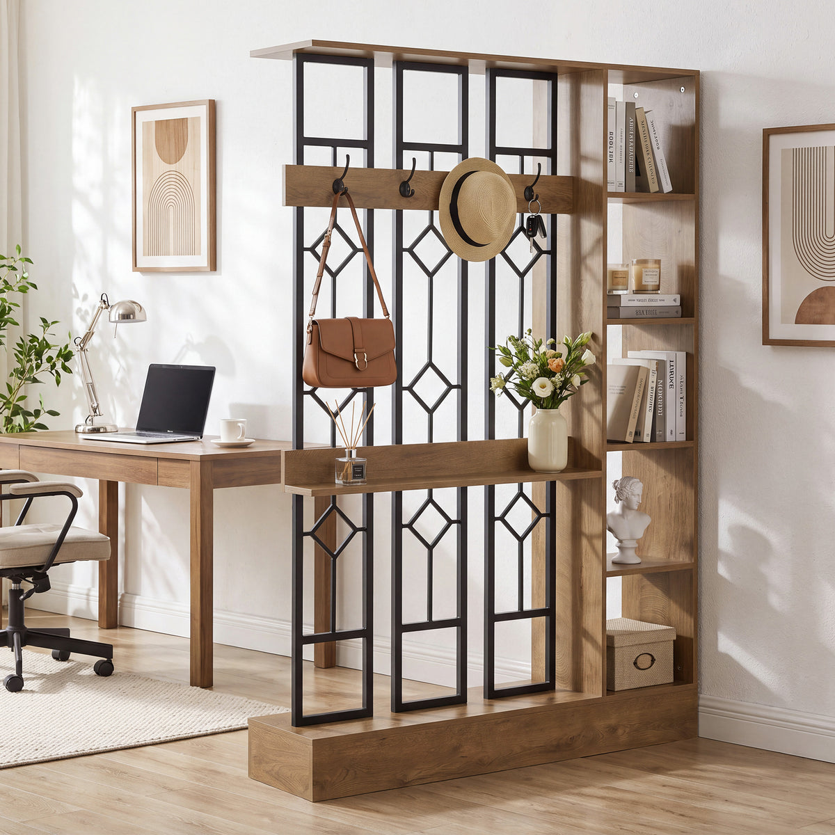 71" Wall Room Divider with Storage Shelves & Coat Hooks, Freestanding Wall Partition for Entryway