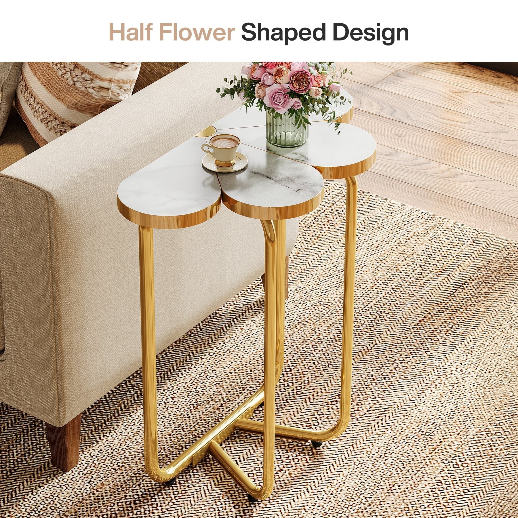 Half-Flower End Table, Faux Marble Side Table with Gold Frame