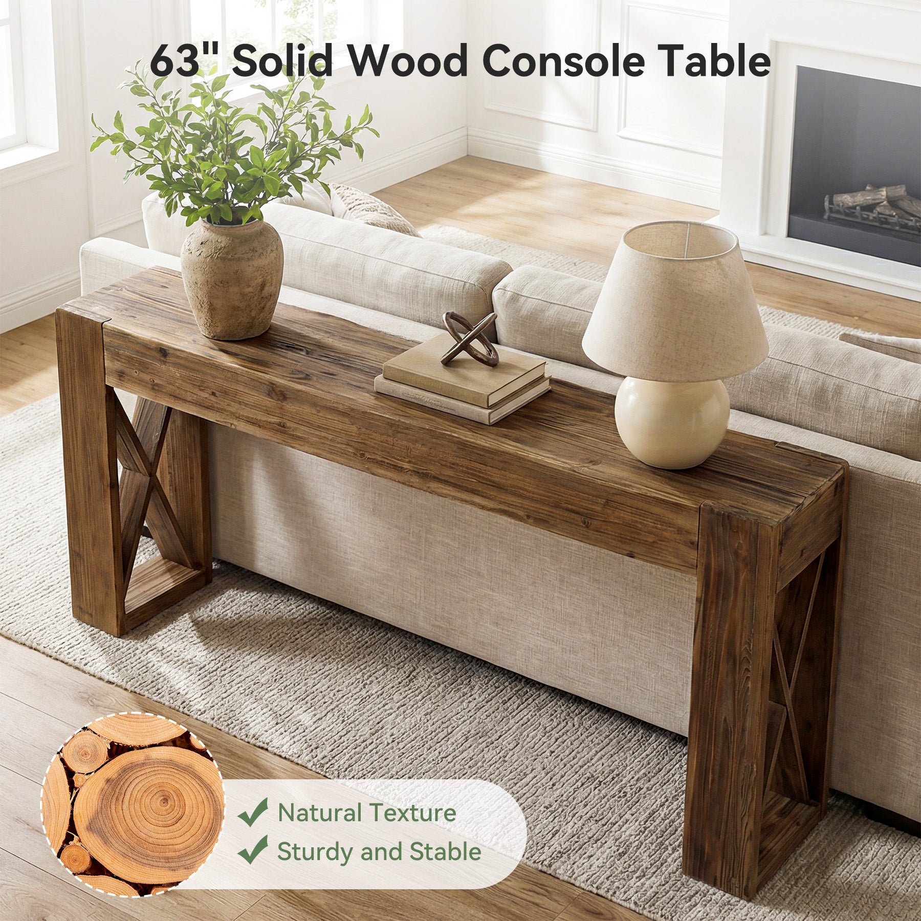 63" Solid Wood Farmhouse Console Table, Narrow Sofa Table with X-Frame Base