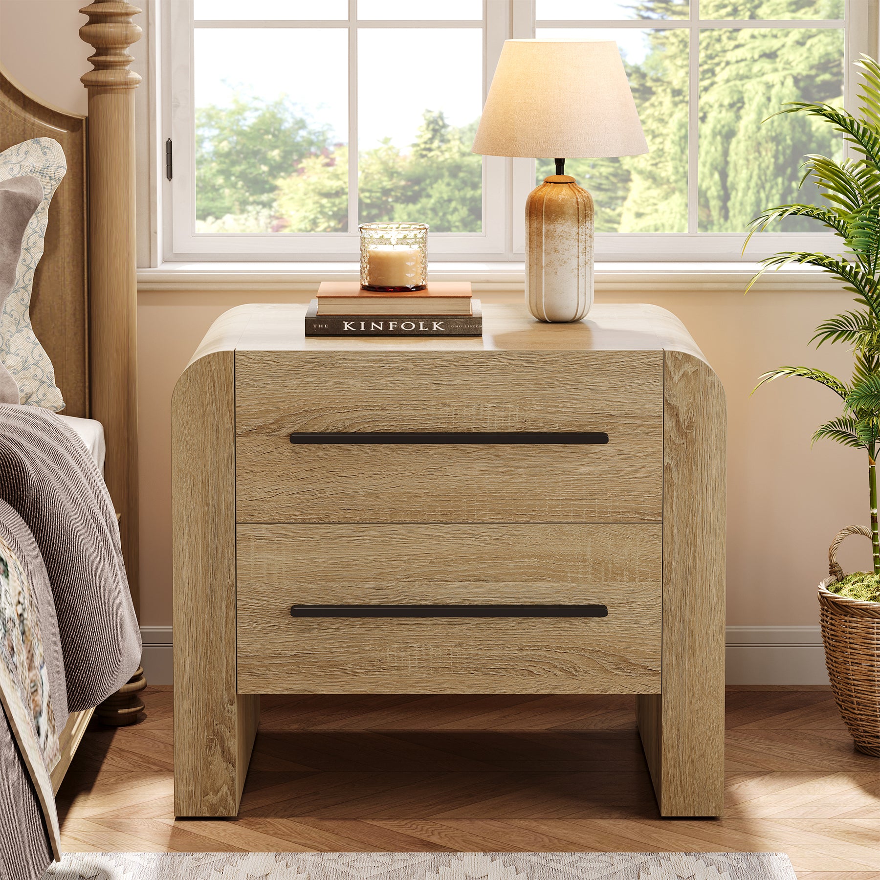 27.55" Nightstand with 2 Drawers, Modern Curved Bedside Table with Storage