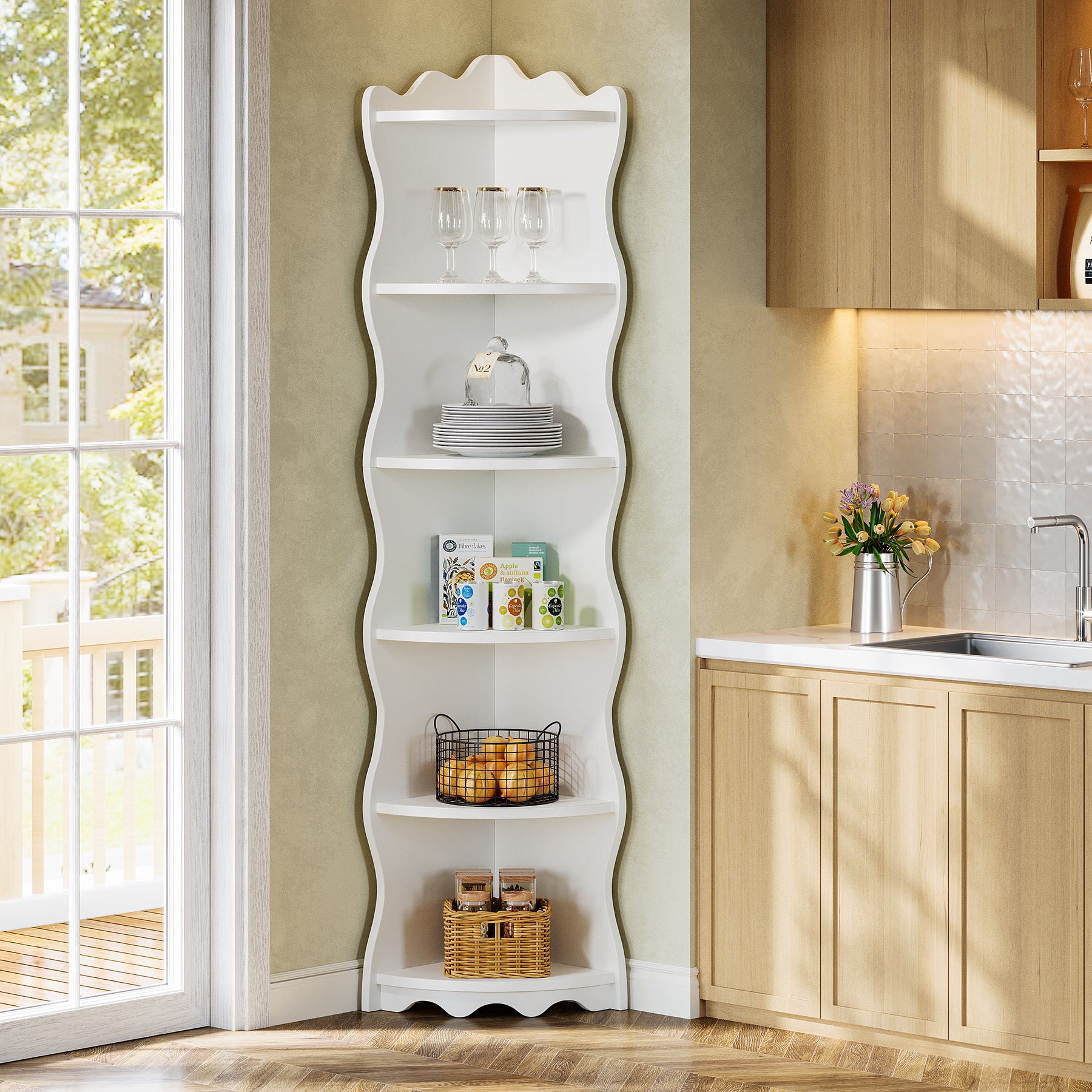 5-Tier Corner Shelf, 70.8" Corner Bookshelf Wavy Shaped Display Rack