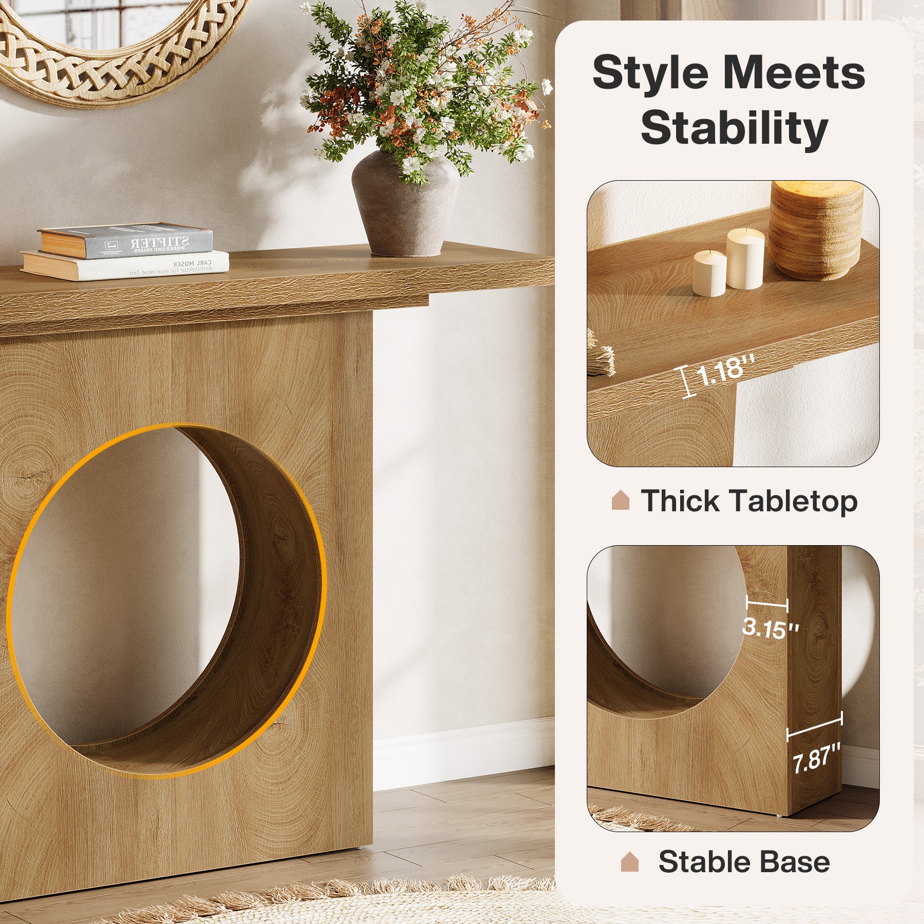 41.3" Narrow Farmhouse Console Table with Round Cutout Design, Slim Entryway Sofa Table