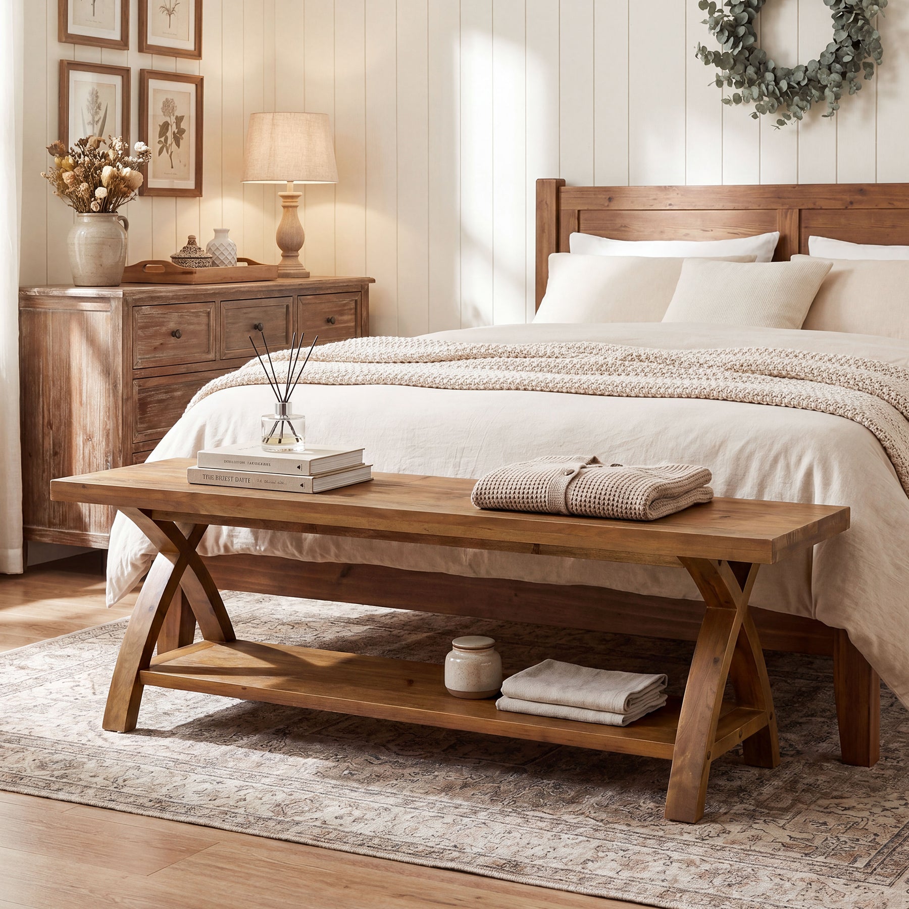 47.2-Inch Solid Wood Entryway Bench with Shoe Storage, 2-Tier Rustic Indoor End of Bed Bench