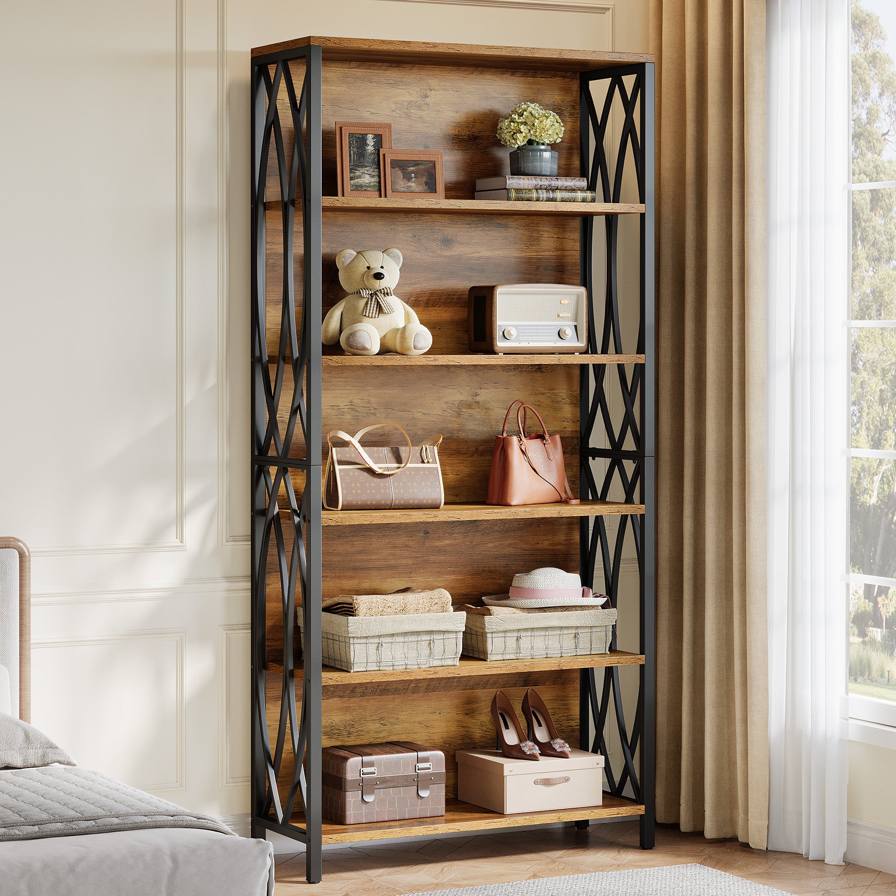 6-Tier Bookshelf, 70.87" Industrial Bookcase with Geometric Metal Frame