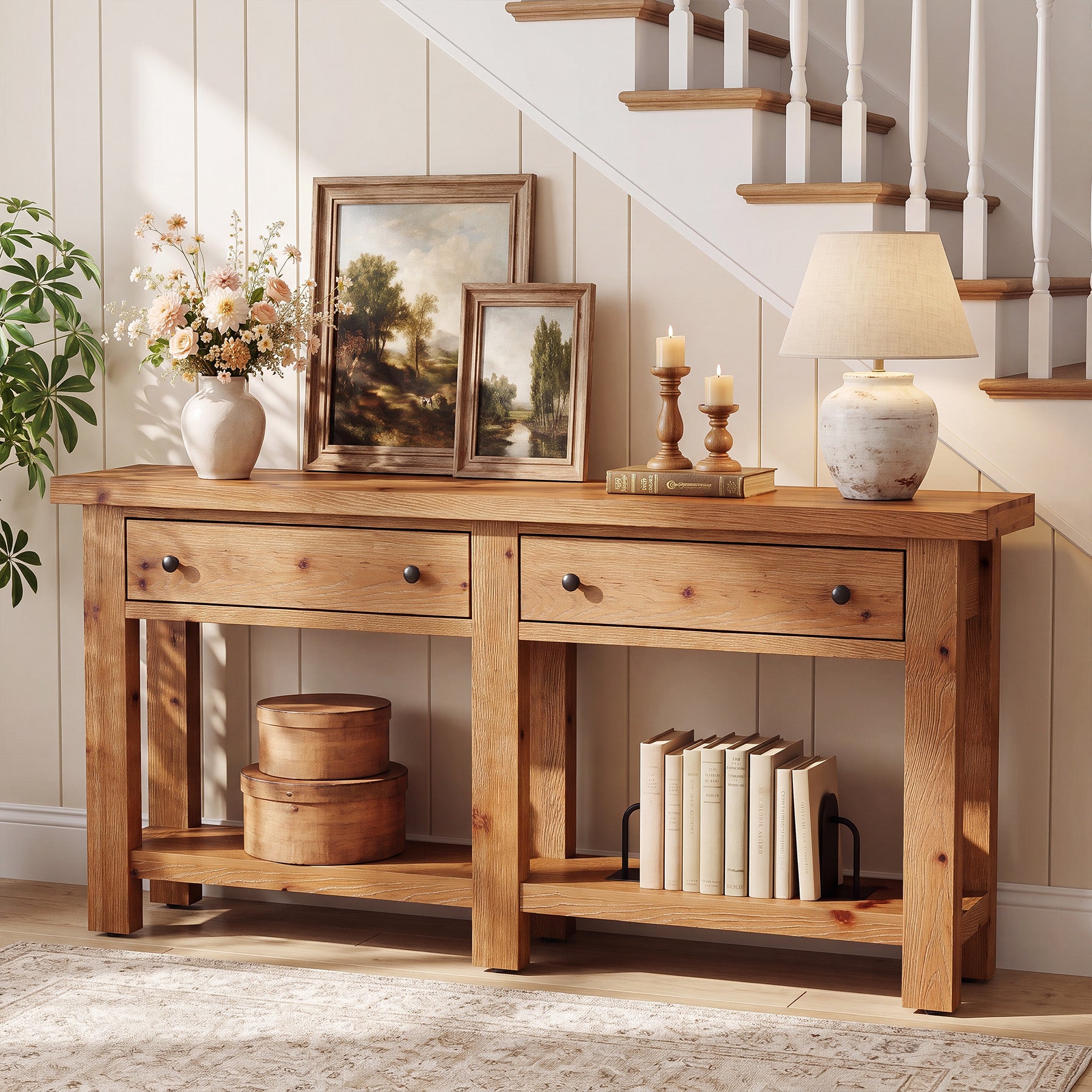 63" Console Table, Solid Wood Sofa Tables Behind Couch with 2 Drawers for Entryway