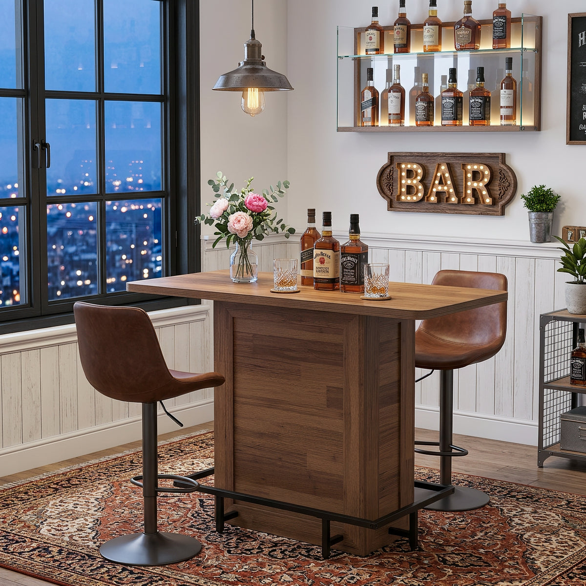 47.24" Bar Table, Farmhouse High-Top Pub Table with Metal Footrest & Adjustable Feet