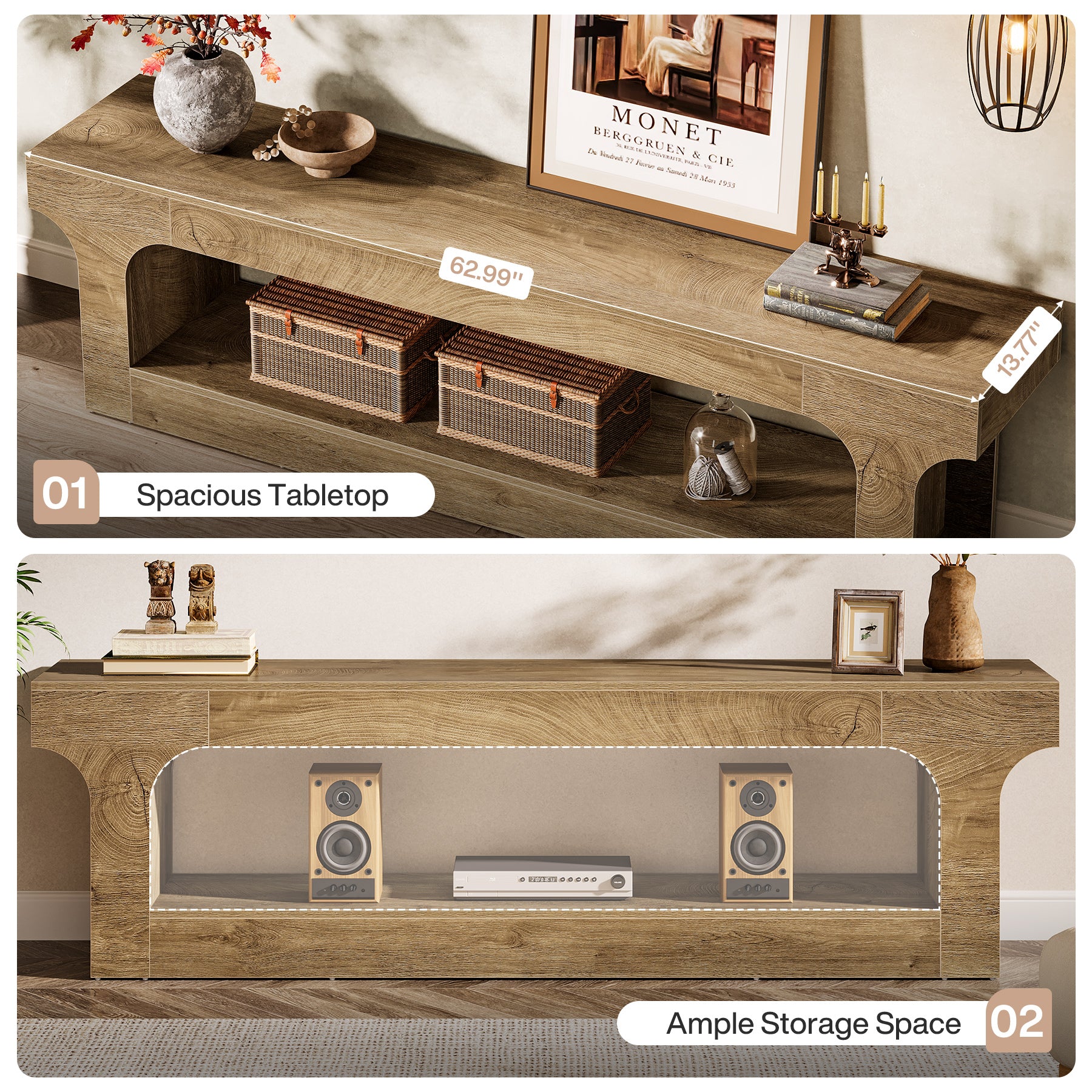 63” Farmhouse TV Stand for 55–75 Inch TVs, Entertainment Center with 2-Tier Open Storage Shelves