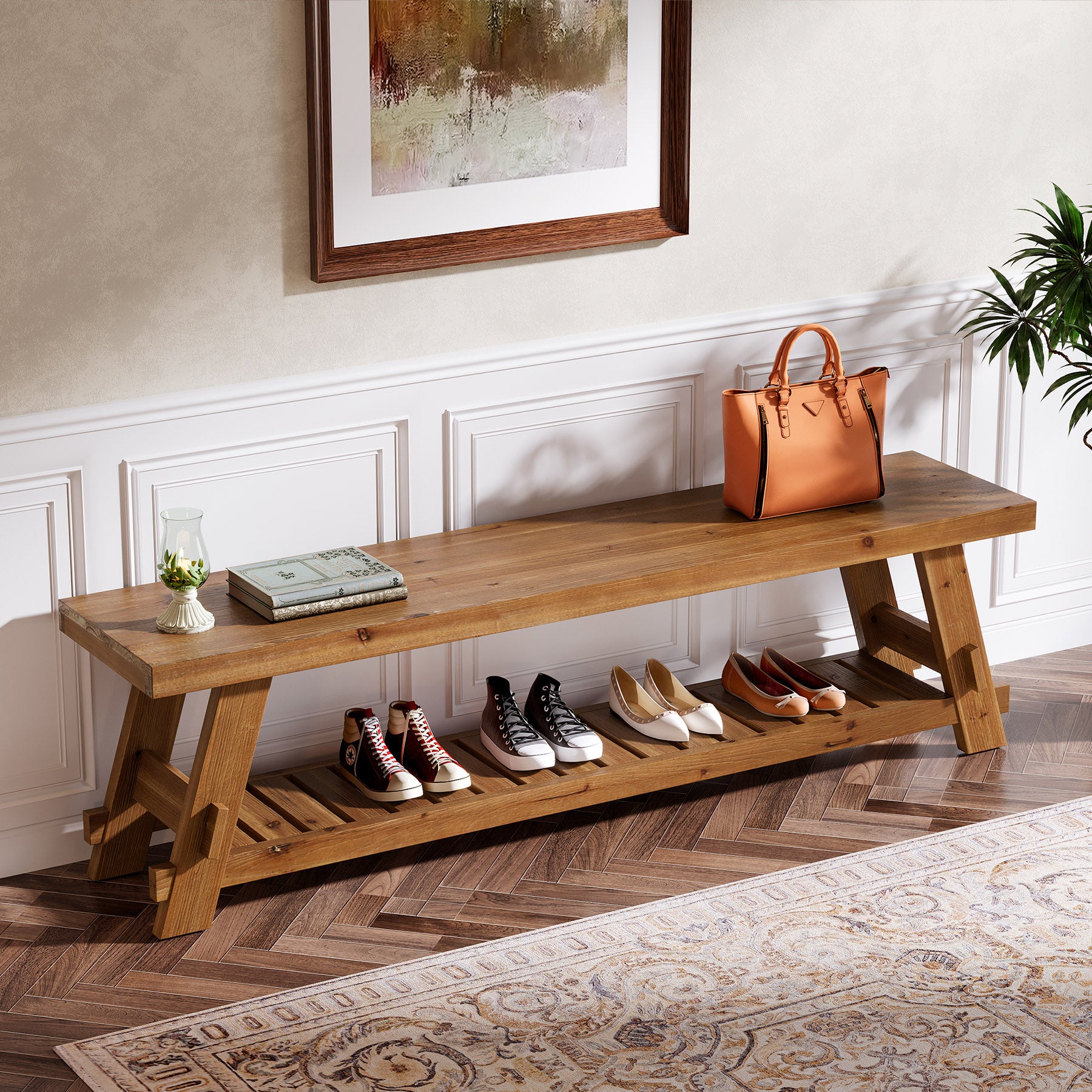 63" Solid Wood Shoe Bench, 2-Tier Entryway Bench with Storage Shelf