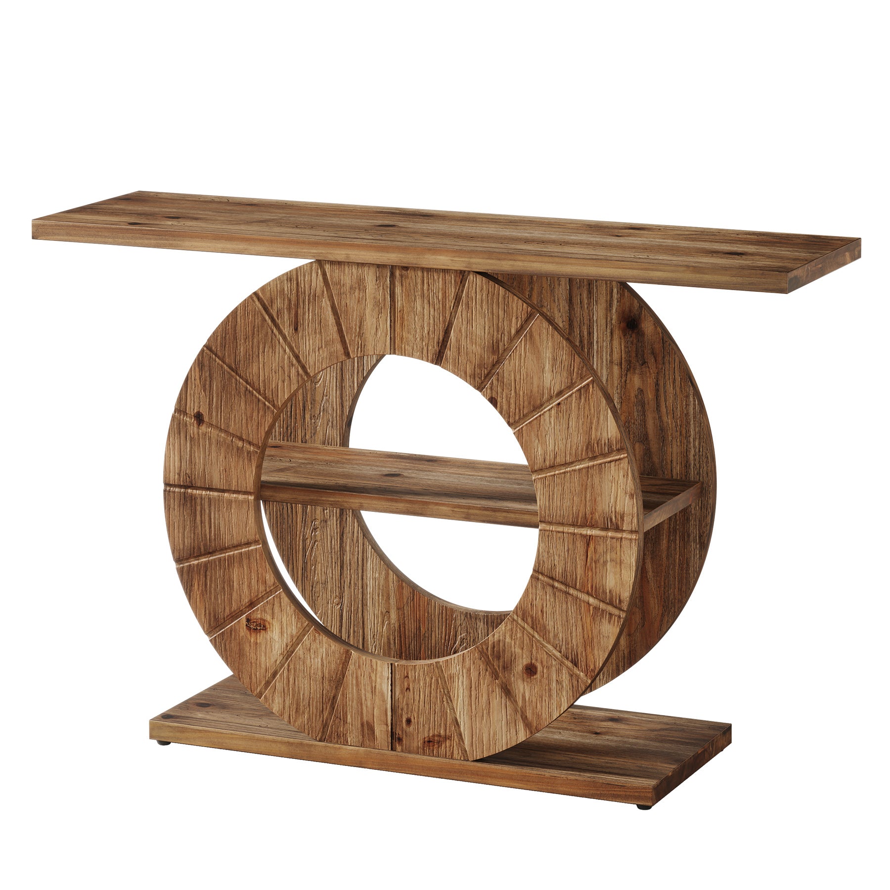 41" Solid Wood Farmhouse Console Table with 3-Tier Shelves, Narrow Sofa Table with Carved Circular Base