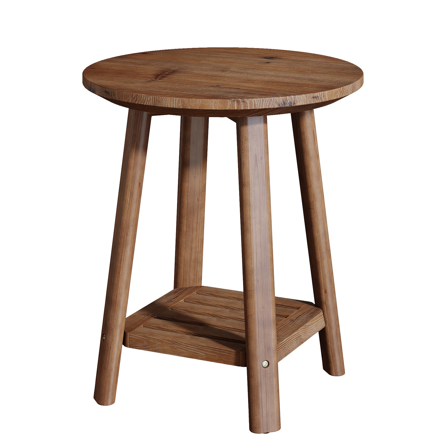 23.62" Round Solid Wood Side Table, 2-Tier Farmhouse Storage Shelf Walnut