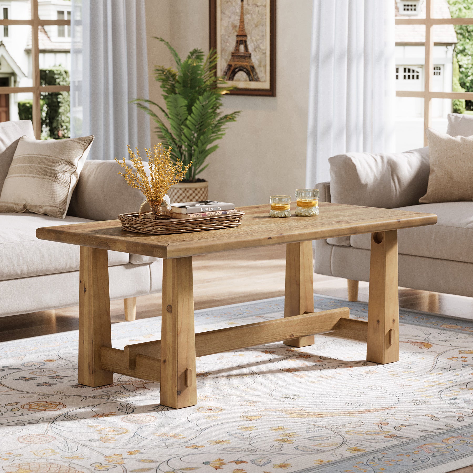 47" Solid Wood Coffee Table, Rectangular Center Table with H-Shaped Base