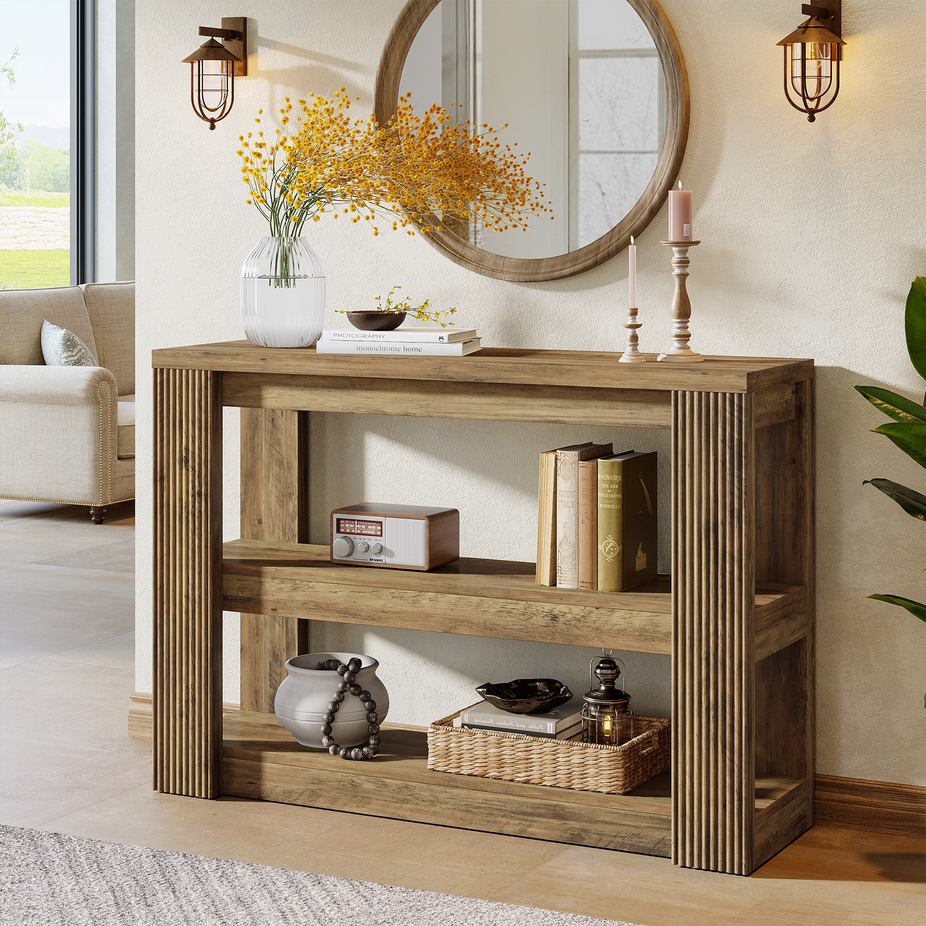 41.3" 3-Tier Farmhouse Console Table, Narrow Entryway Sofa Table with Storage Shelves for Hallway, Living Room, or Foyer