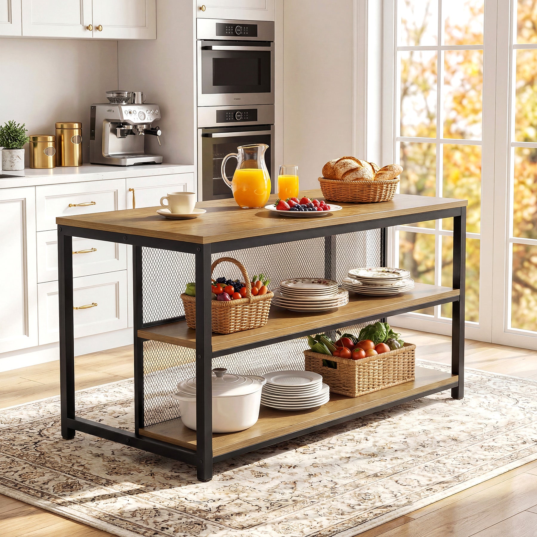 63" Industrial Kitchen Island, Stationary Island Coffee Bar Table With Storage Shelves